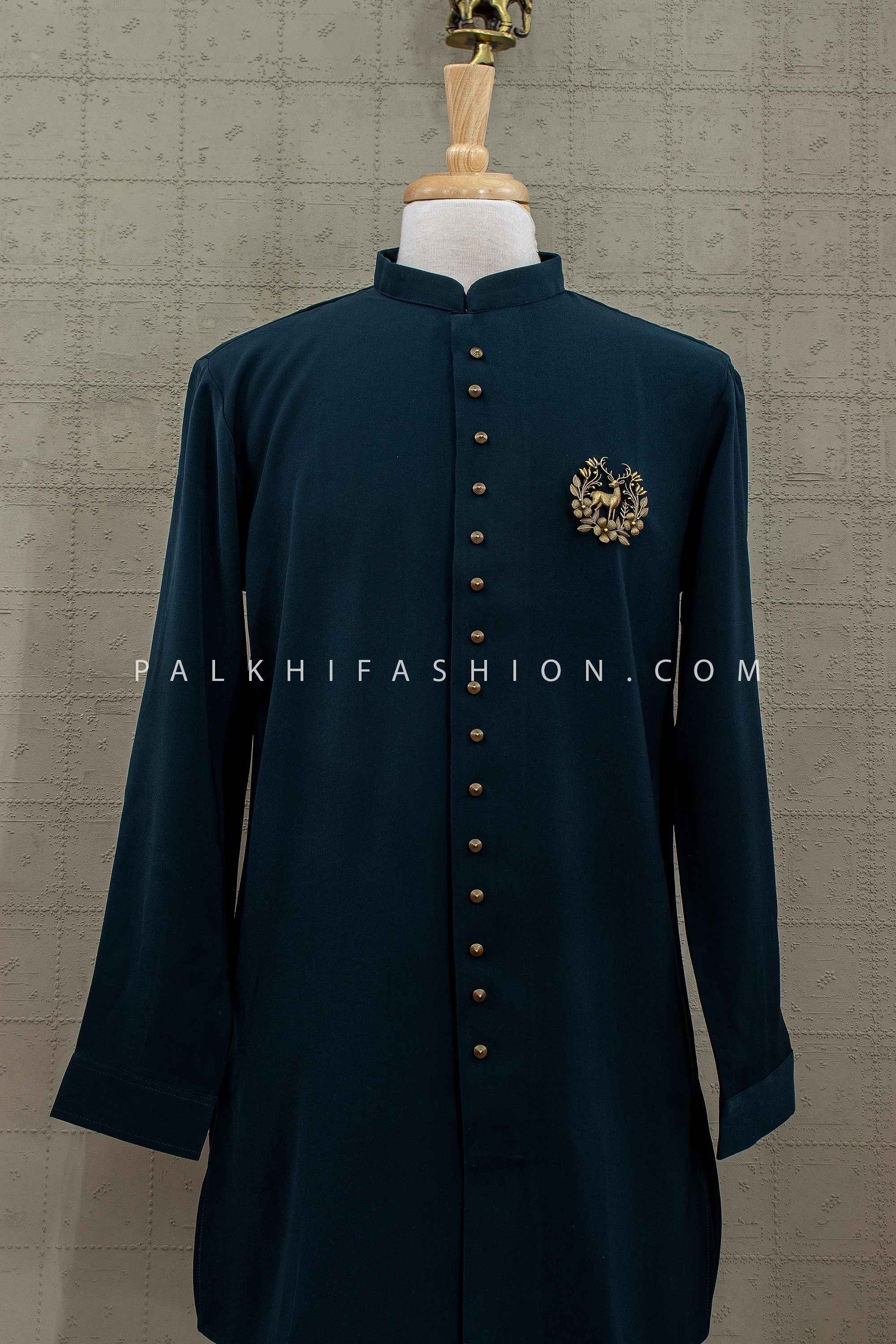 Royal Evening Attire – Dark Teal Silk Kurta Ensemble– Palkhi Fashion