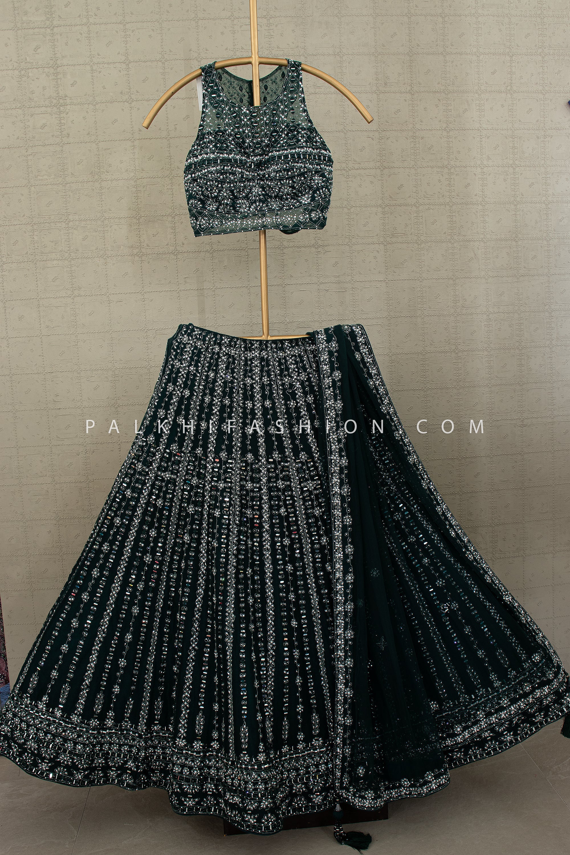 Royal Glint — Emerald Green Designer Lehenga Choli with Mirror Handwork | Palkhi Fashion