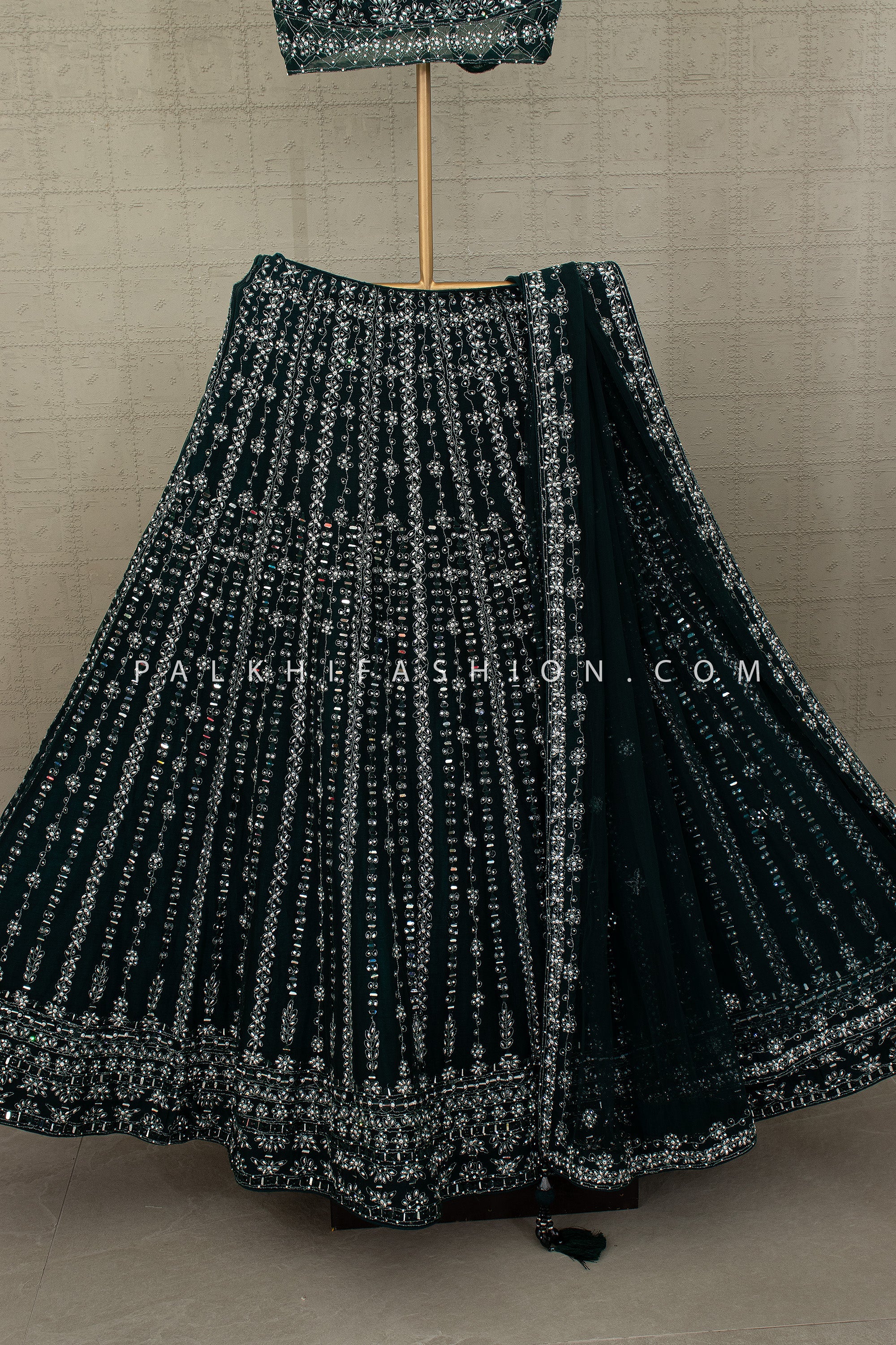 Royal Glint — Emerald Green Designer Lehenga Choli with Mirror Handwork | Palkhi Fashion
