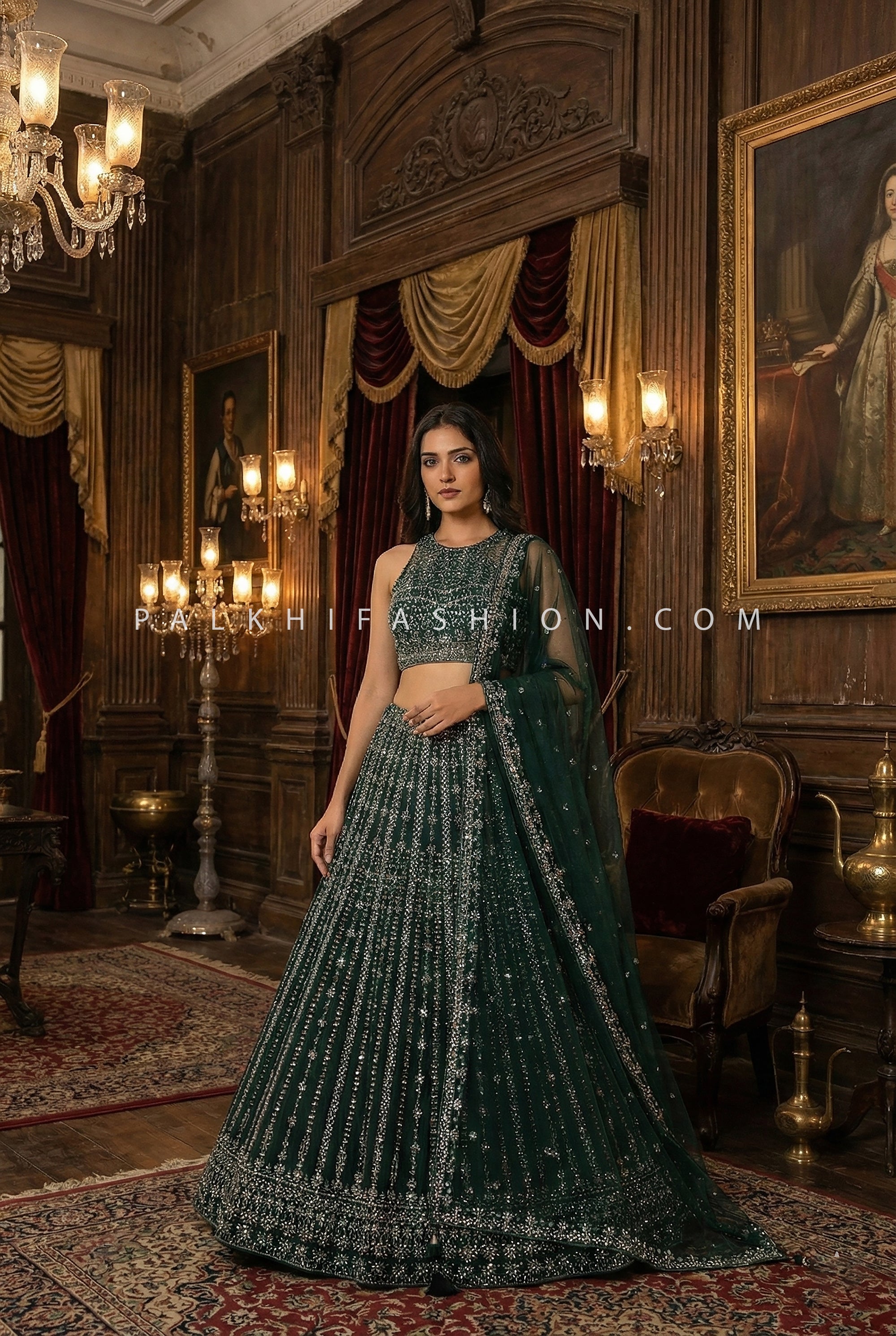 Royal Glint — Emerald Green Designer Lehenga Choli with Mirror Handwork | Palkhi Fashion