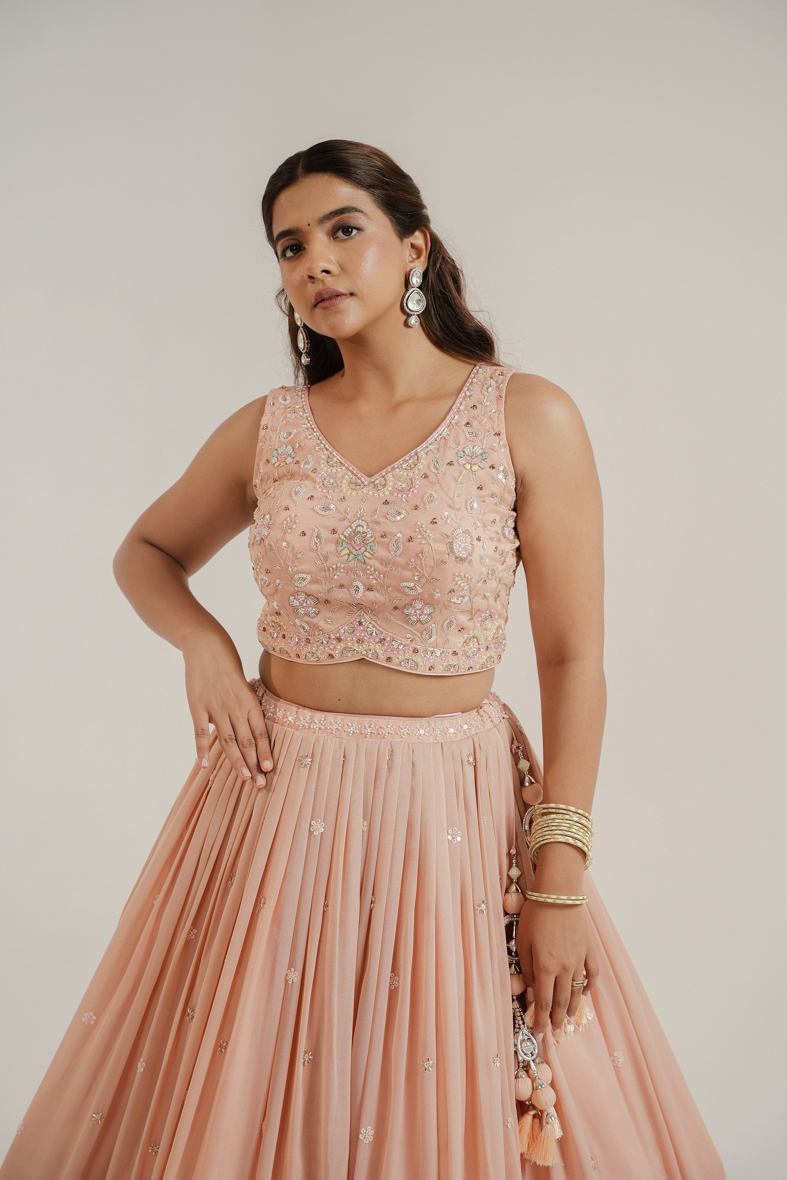 Royal Grace: Peach Designer Lehenga Choli with Bead & Handwork – Palkhi Fashion