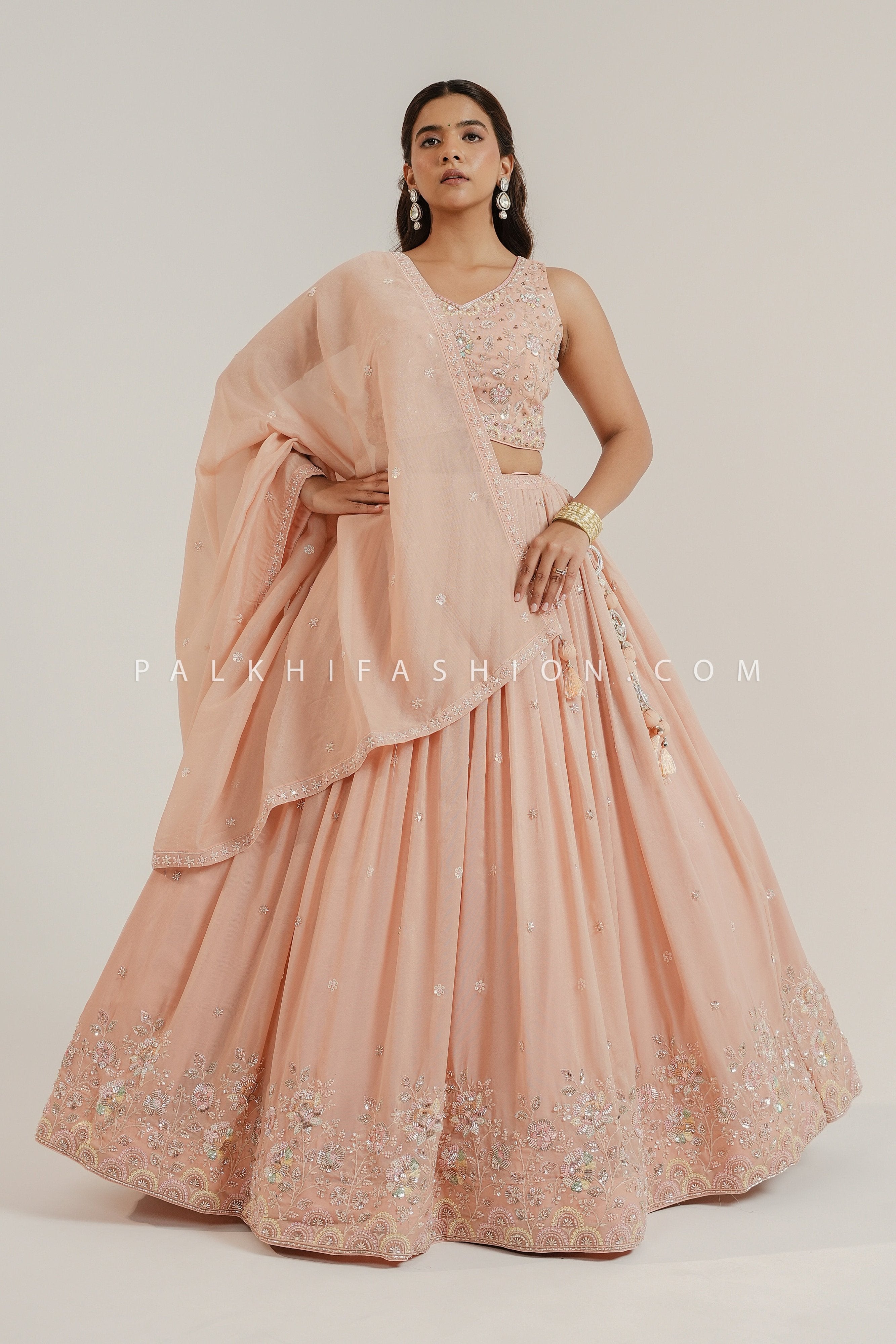 Royal Grace: Peach Designer Lehenga Choli with Bead & Handwork – Palkhi Fashion