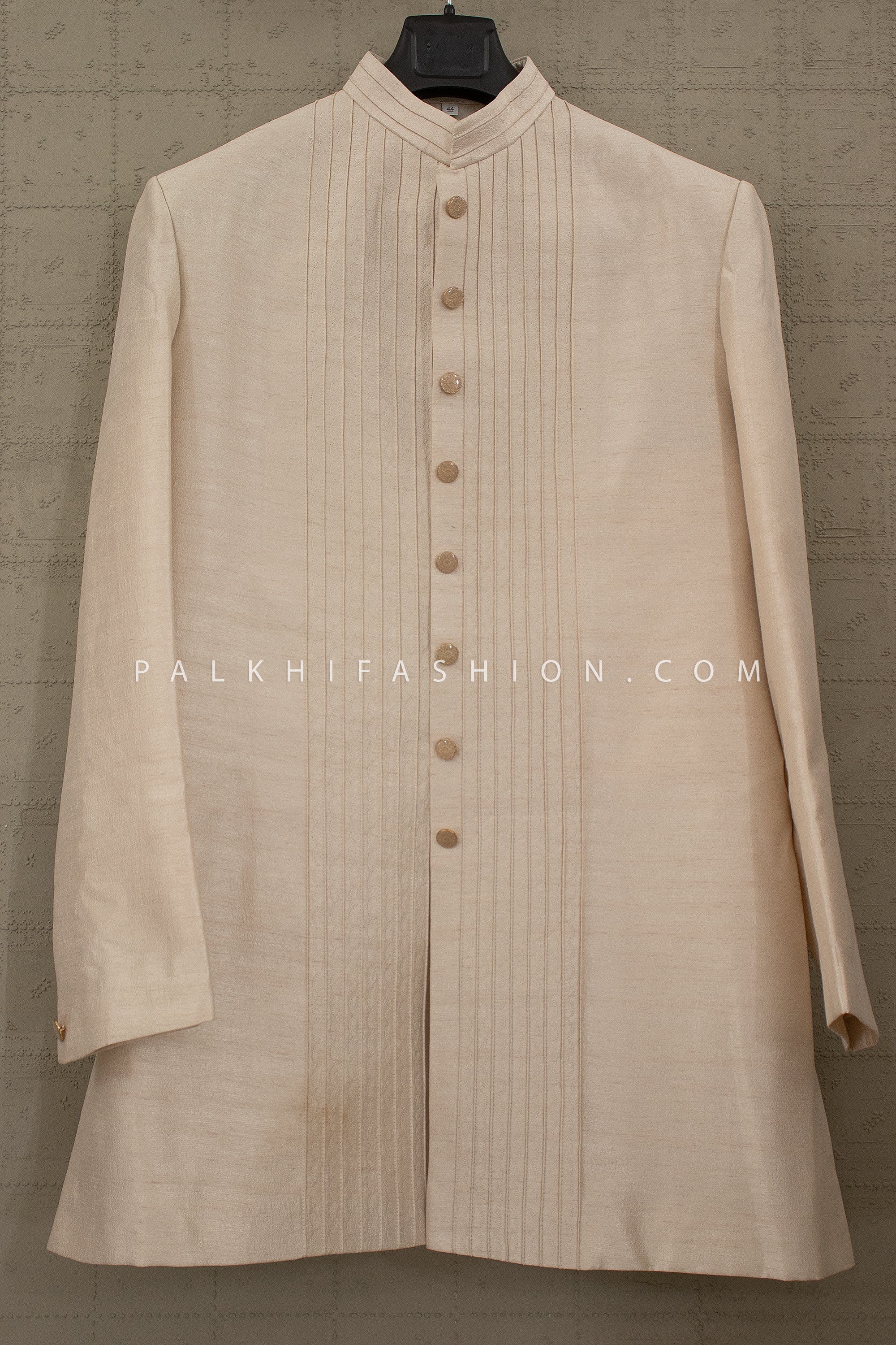 Royal Ivory Glow: Champagne Raw Silk Layered Indo Western with Petite Stone & Thread Work – Palkhi Fashion
