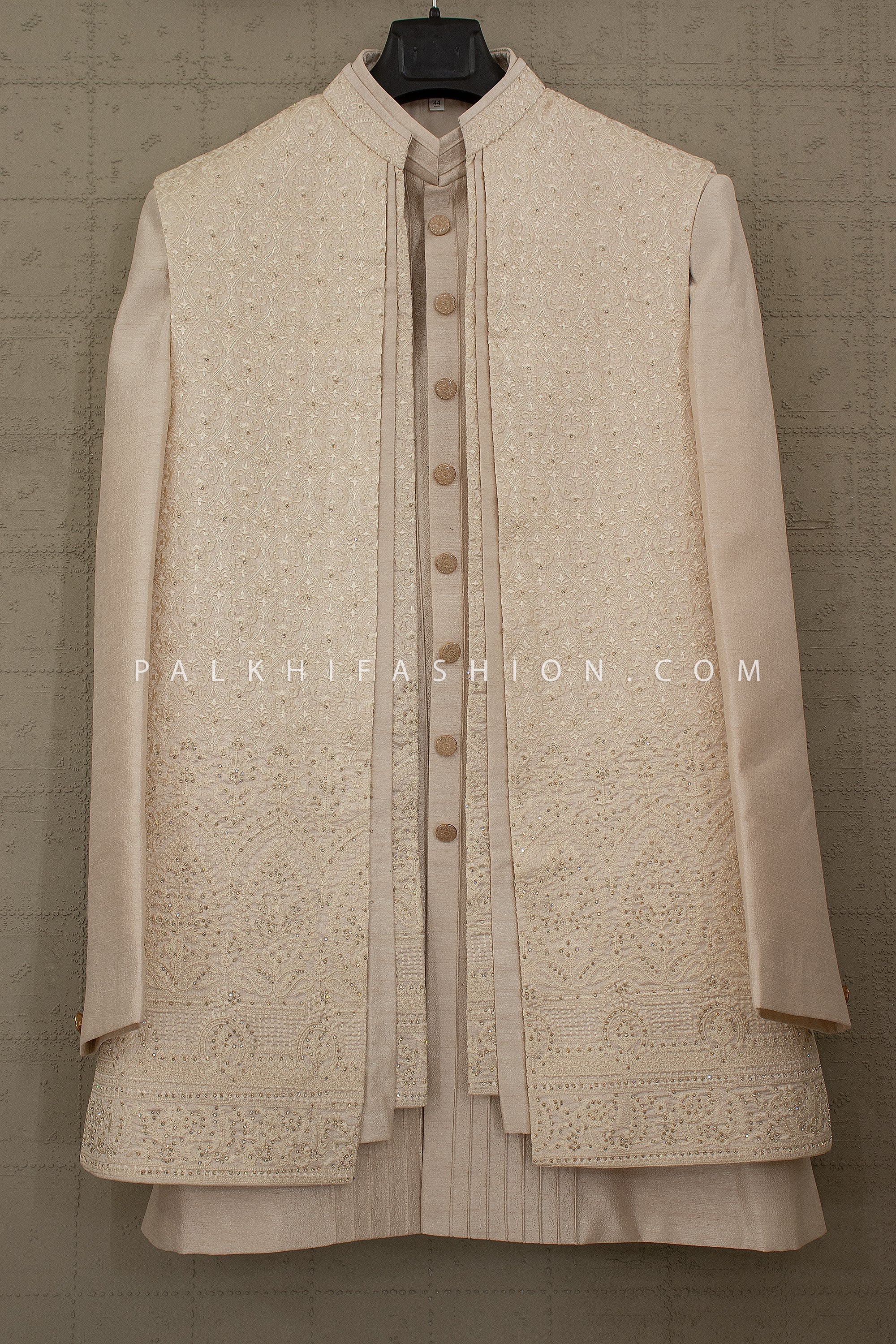 Royal Ivory Glow: Champagne Raw Silk Layered Indo Western with Petite Stone & Thread Work – Palkhi Fashion