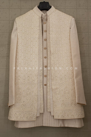 Royal Ivory Glow: Champagne Raw Silk Layered Indo Western with Petite Stone & Thread Work – Palkhi Fashion
