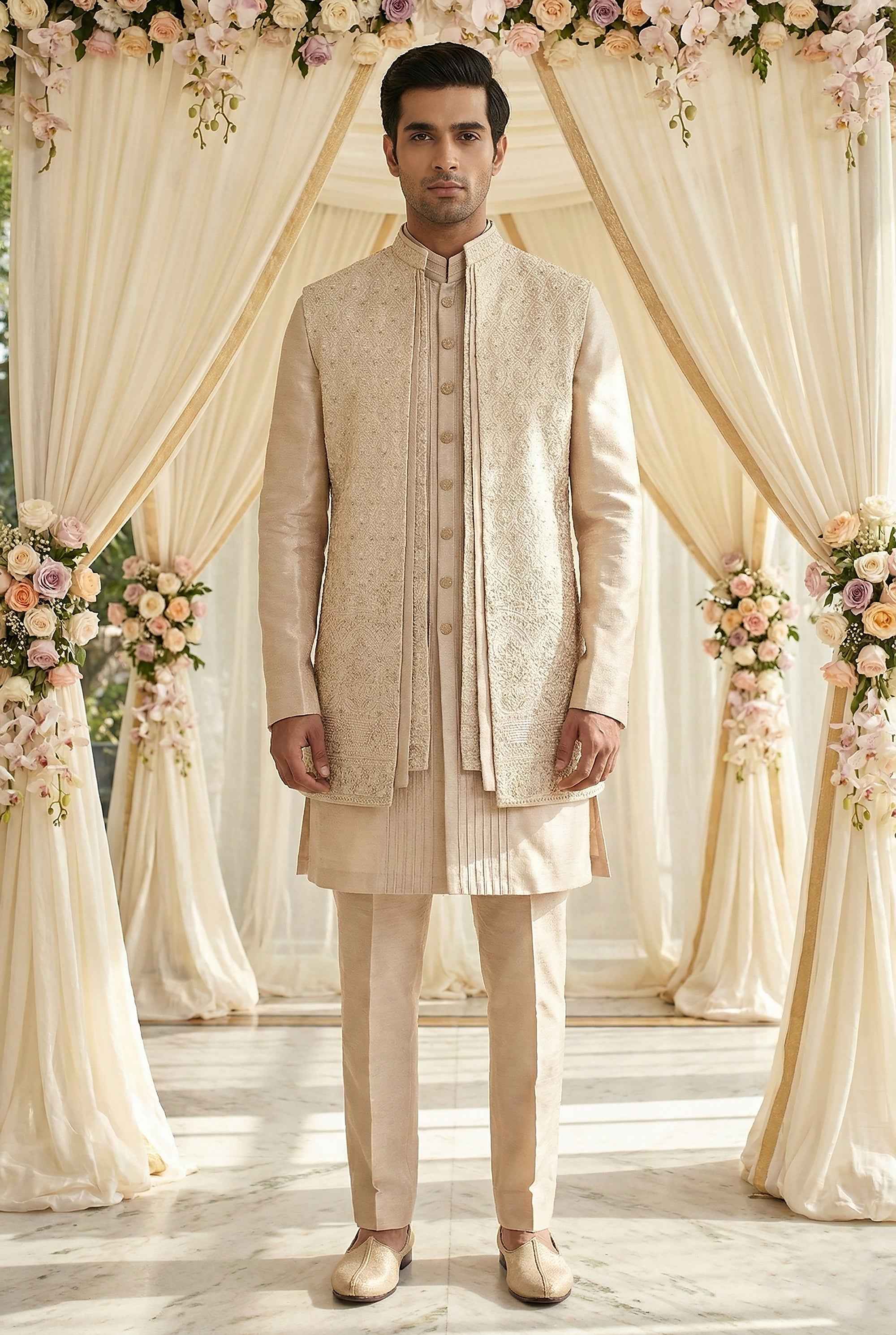 Champagne Raw Silk Layered Indo Western with Embroidery – Palkhi Houston –  Palkhi Fashion