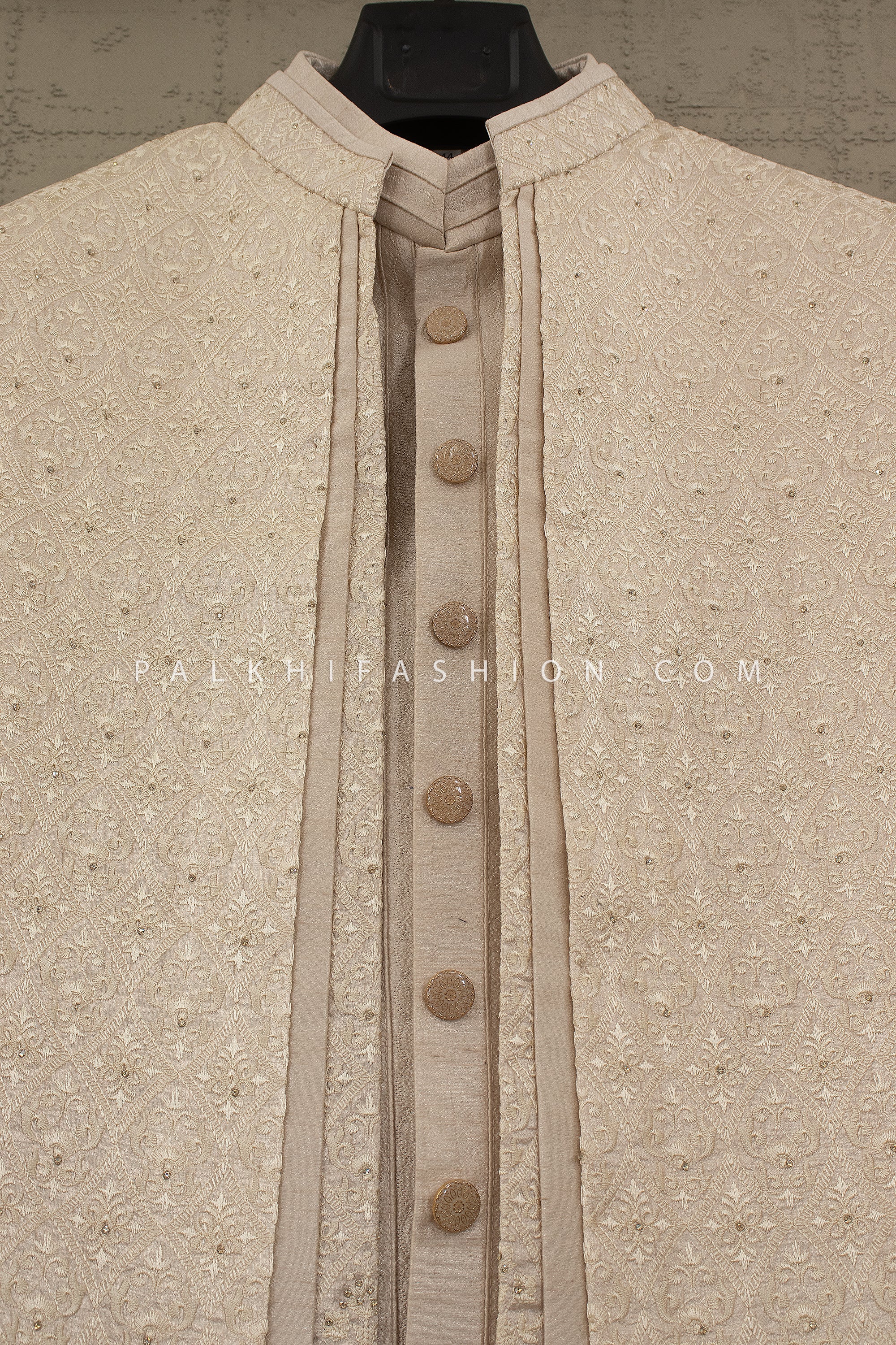 Royal Ivory Glow: Champagne Raw Silk Layered Indo Western with Petite Stone & Thread Work – Palkhi Fashion