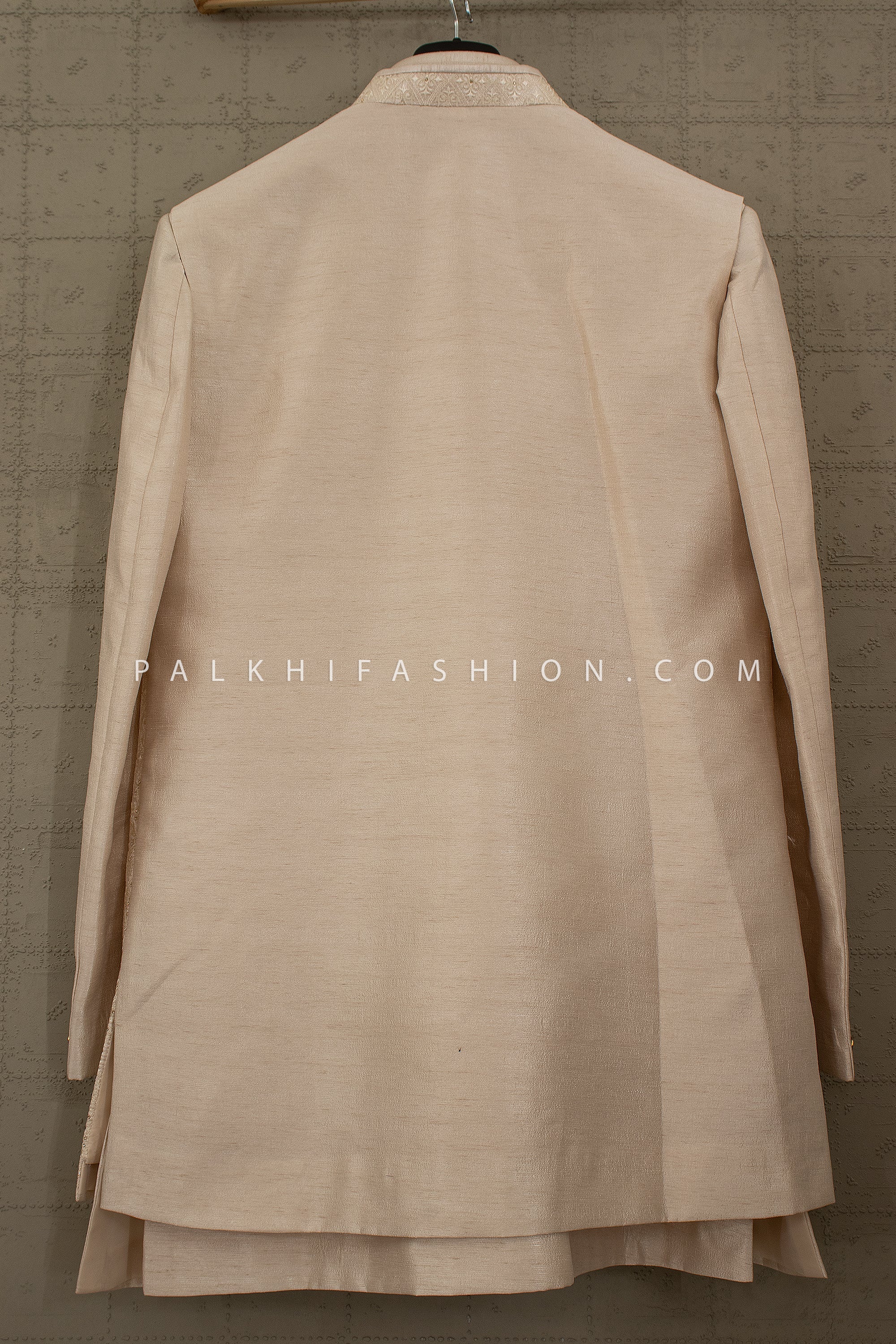 Royal Ivory Glow: Champagne Raw Silk Layered Indo Western with Petite Stone & Thread Work – Palkhi Fashion