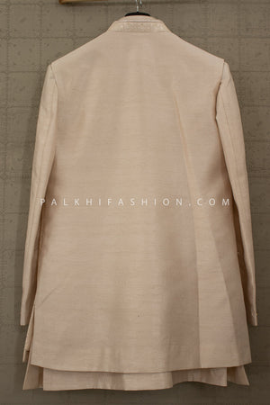 Royal Ivory Glow: Champagne Raw Silk Layered Indo Western with Petite Stone & Thread Work – Palkhi Fashion