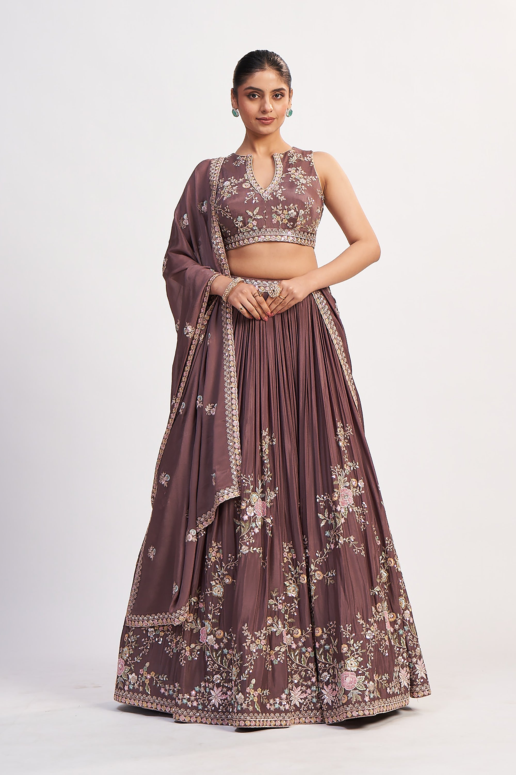 Royal Mauve Blossom – Pastel Floral Jaal Panelled Lehenga with 3D Resham Embroidery & Designer Blouse