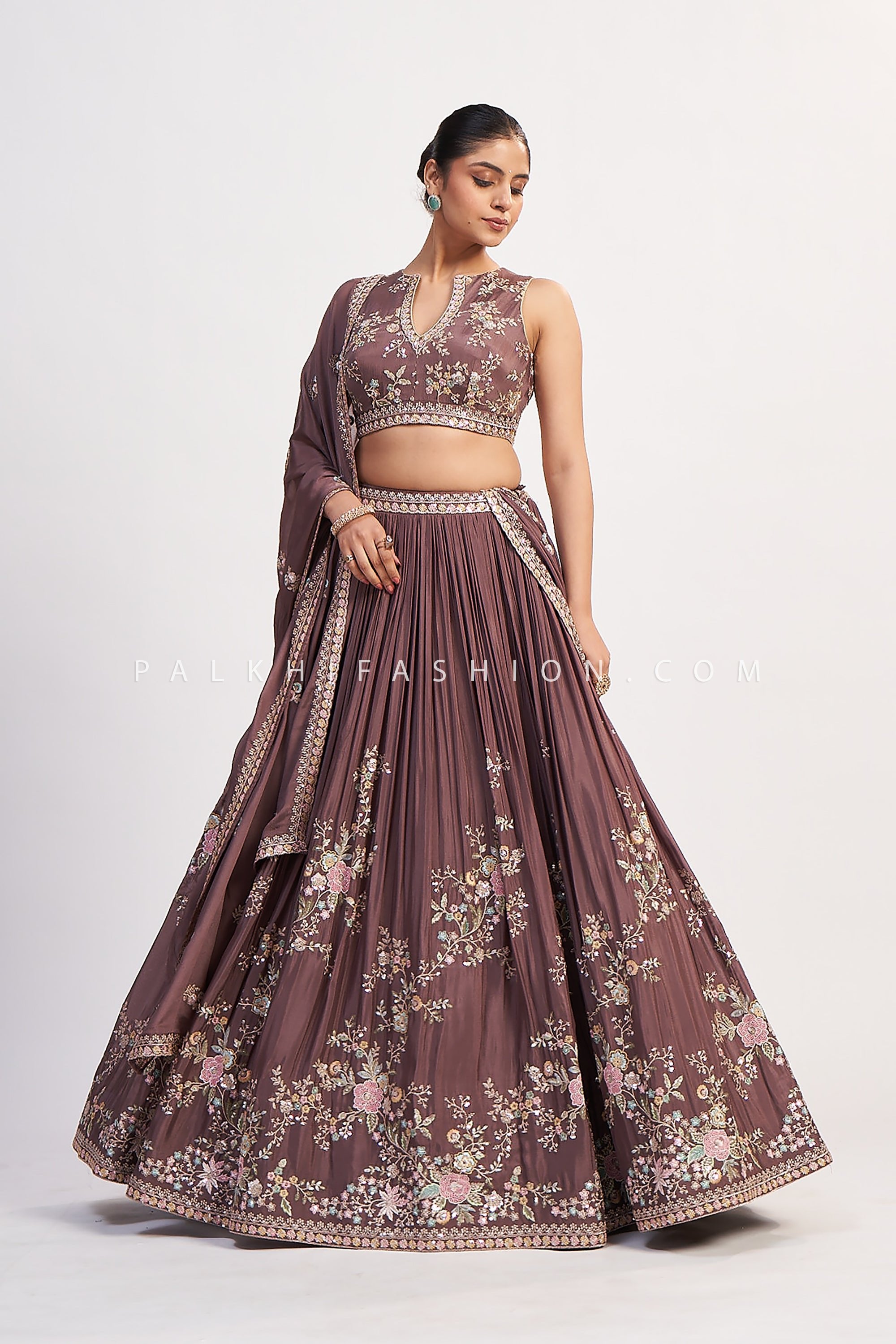 Royal Mauve Blossom – Pastel Floral Jaal Panelled Lehenga with 3D Resham Embroidery & Designer Blouse