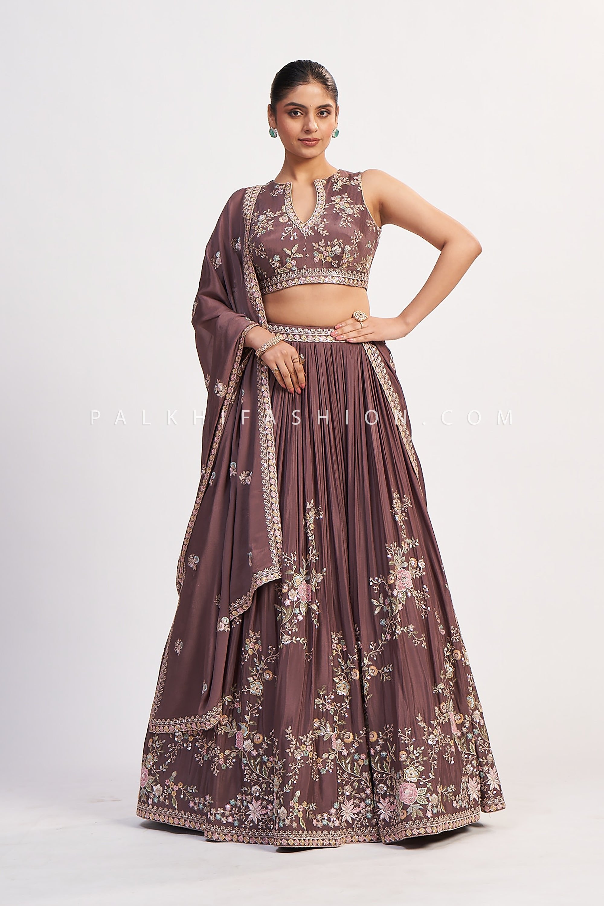 Royal Mauve Blossom – Pastel Floral Jaal Panelled Lehenga with 3D Resham Embroidery & Designer Blouse