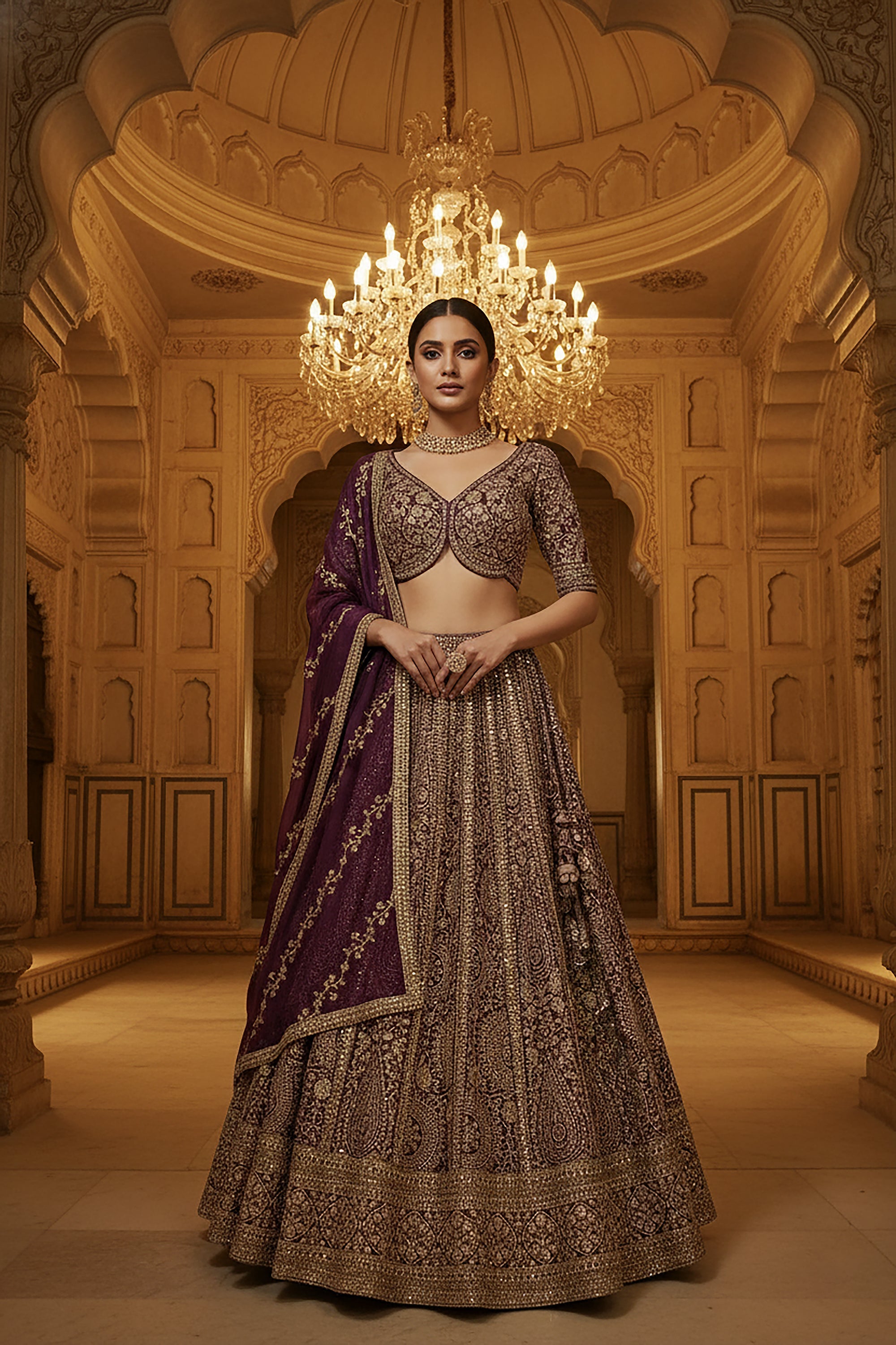 Royal Opulence: Wine Banarasi Silk Lehenga Choli with Hand Embroidery – Palkhi Fashion