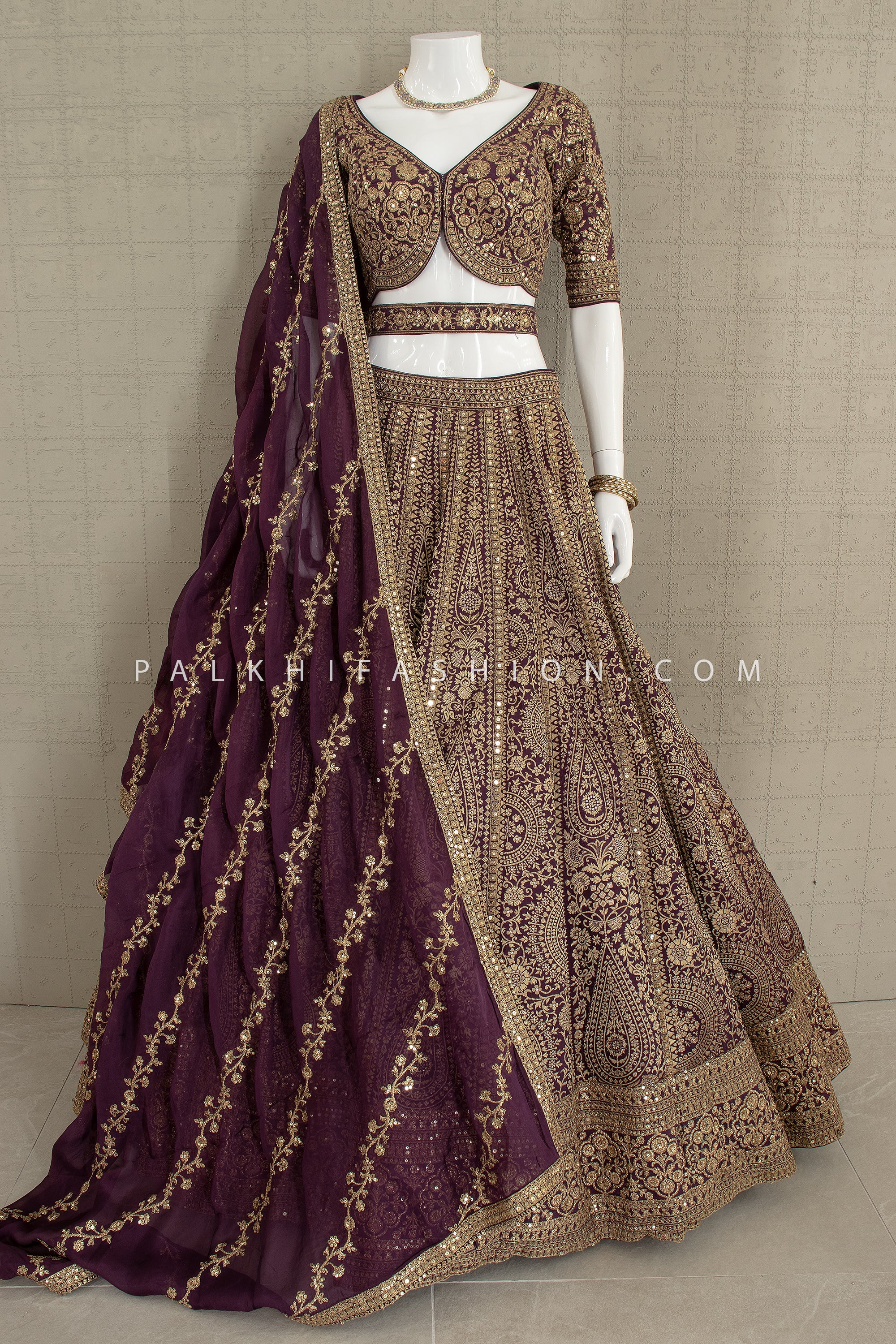 Royal Opulence: Wine Banarasi Silk Lehenga Choli with Hand Embroidery – Palkhi Fashion