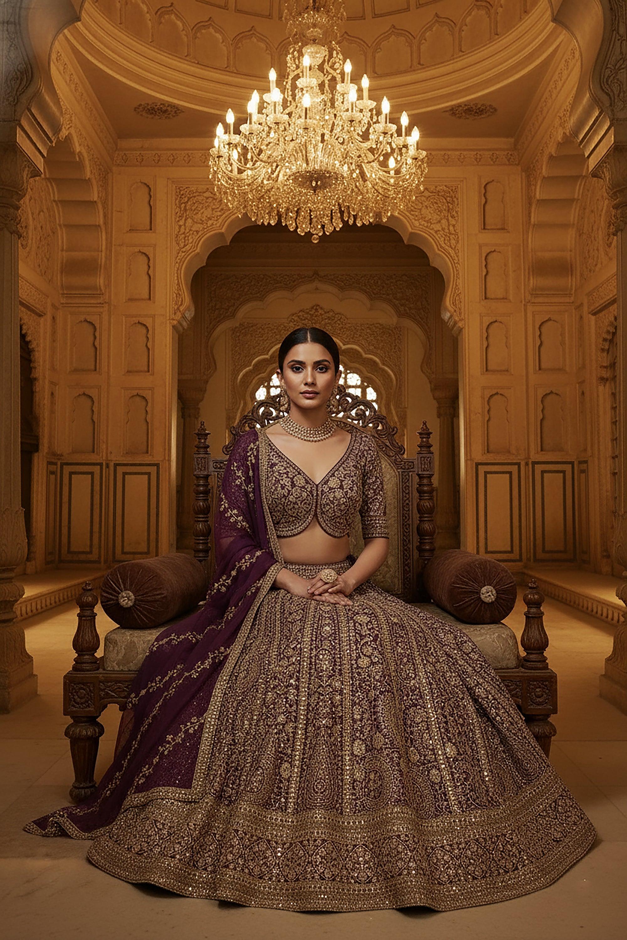 Royal Opulence: Wine Banarasi Silk Lehenga Choli with Hand Embroidery – Palkhi Fashion