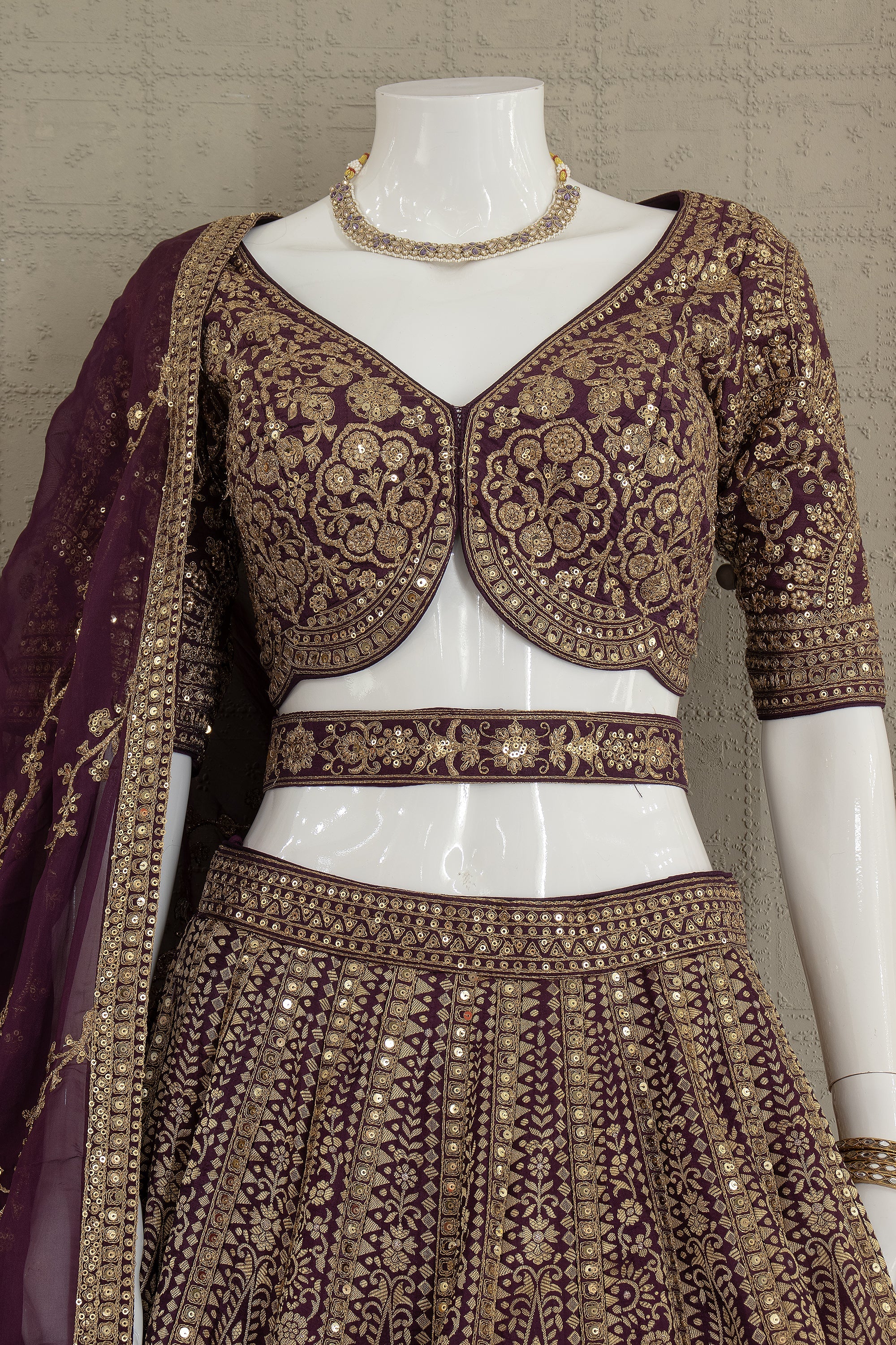 Royal Opulence: Wine Banarasi Silk Lehenga Choli with Hand Embroidery – Palkhi Fashion