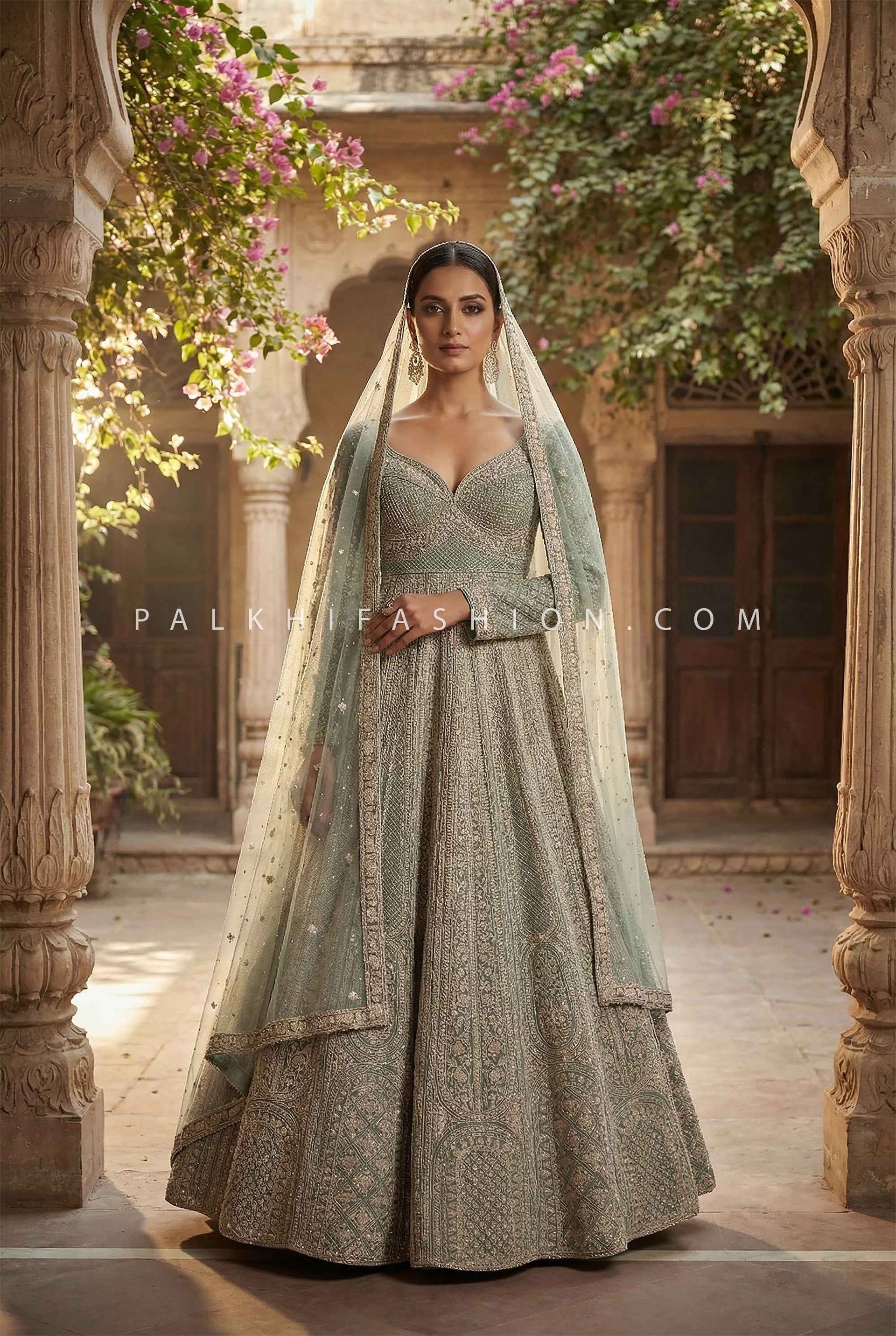 Pastel Green Jaal Mukesh Embroidered Designer Gown | Palkhi Fashion Houston Pastel Pistachio / 36 Pastel Green Jaal Mukesh Embroidered Designer Gown | Palkhi Fashion Houston Pastel Pistachio / 36