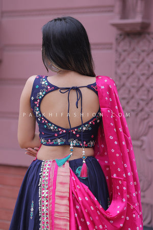 Royal Radiance: Blue Designer Chaniya Choli with Mirror & Bandhani Work – Palkhi Fashion
