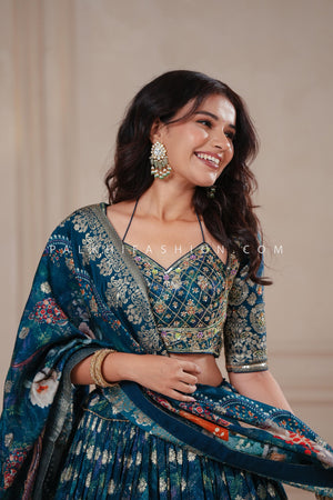 Royal Radiance: Petrol Blue Soft Silk Lehenga Choli with Designer Blouse – Palkhi Fashion