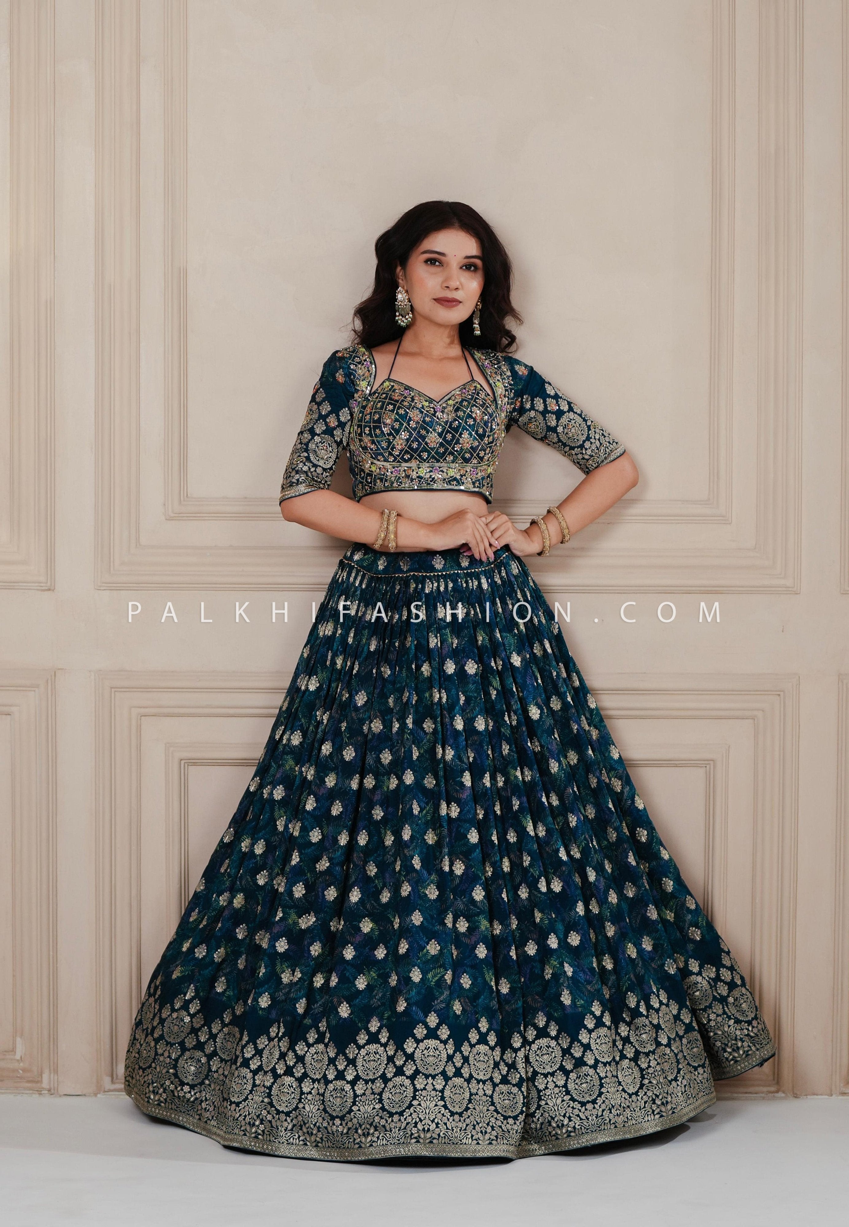 Royal Radiance: Petrol Blue Soft Silk Lehenga Choli with Designer Blouse – Palkhi Fashion