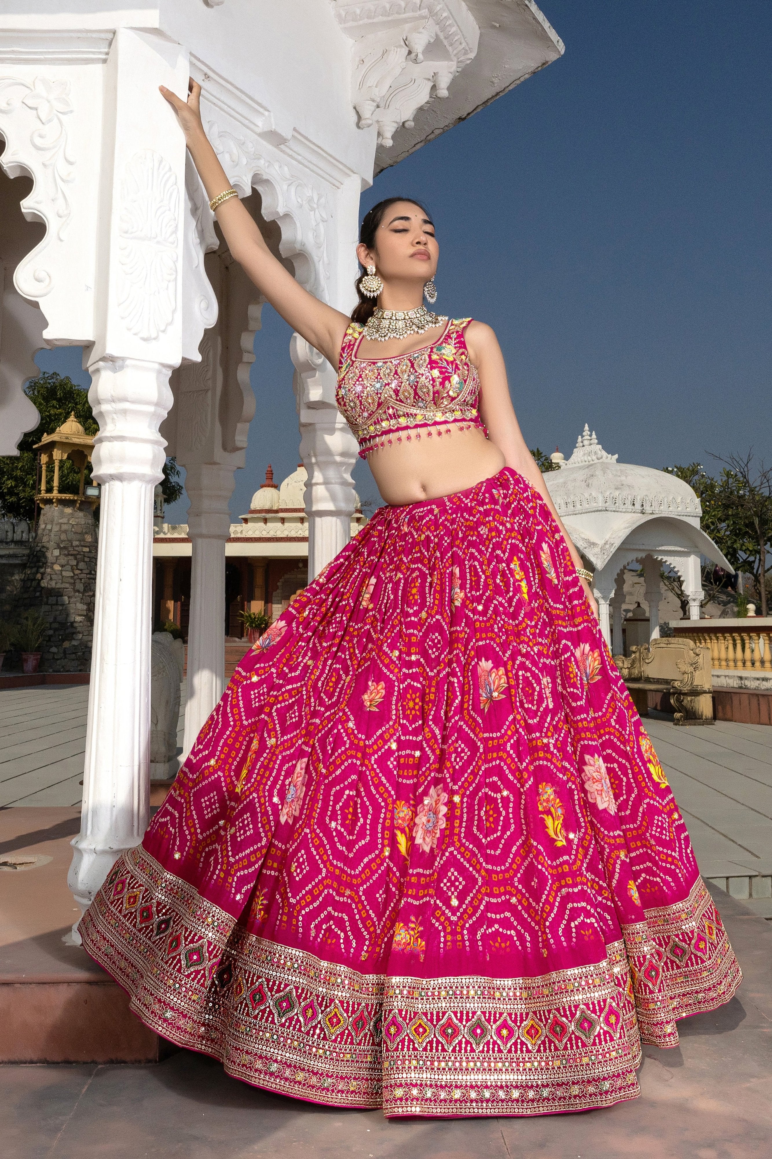 Royal Radiance: Rani Pink Bandhani Lehenga Choli with Handwork Blouse – Palkhi Fashion