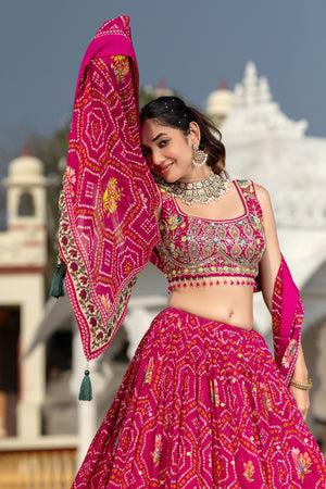 Royal Radiance: Rani Pink Bandhani Lehenga Choli with Handwork Blouse – Palkhi Fashion