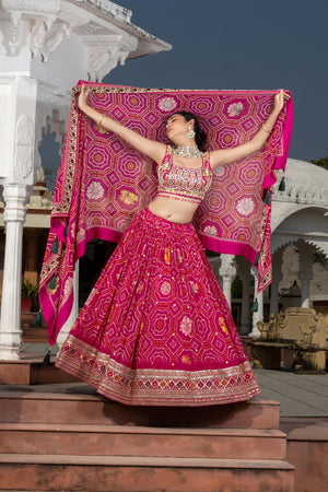 Royal Radiance: Rani Pink Bandhani Lehenga Choli with Handwork Blouse – Palkhi Fashion