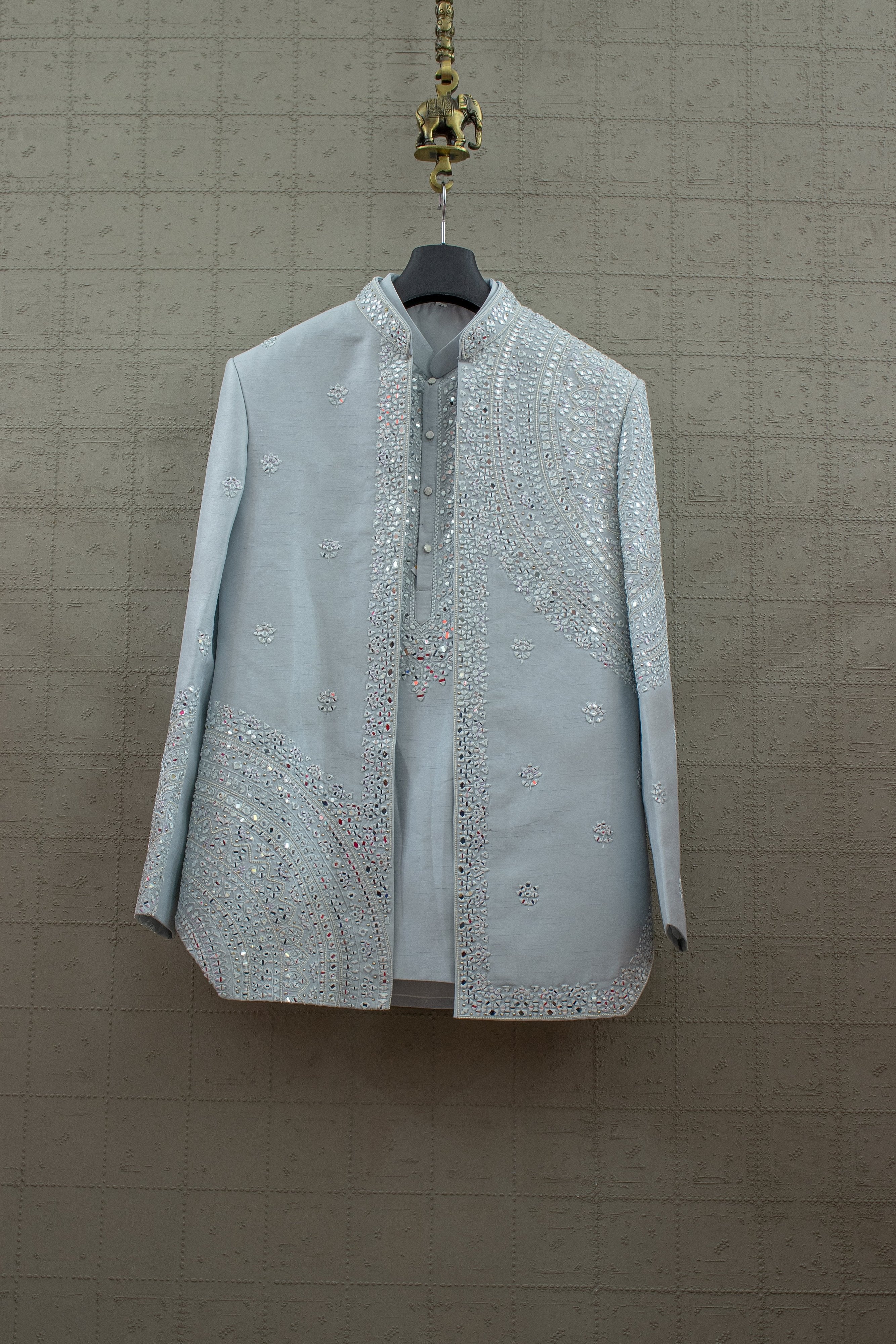 Royal Reflection - Powder Blue Mirrorwork Indo - Western Set – Designer Open Jacket Kurta | Palkhi Fashion