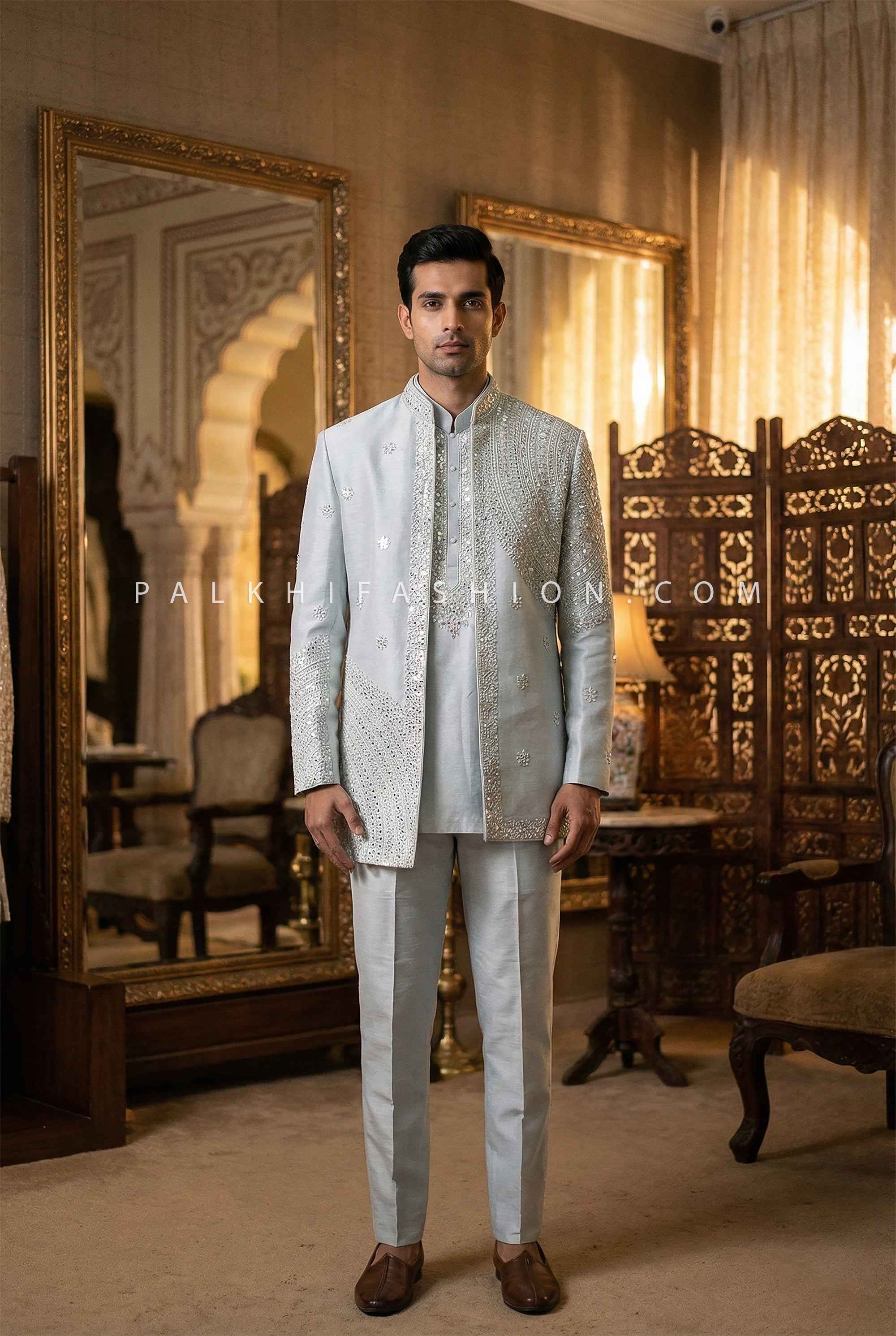 Powder Blue Mirrorwork Silk Indo-Western Set