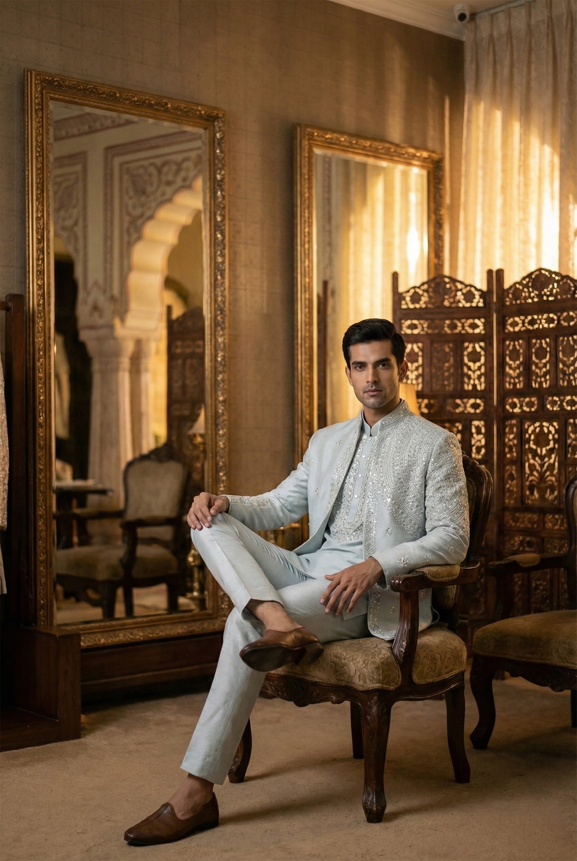 Royal Reflection - Powder Blue Mirrorwork Indo - Western Set – Designer Open Jacket Kurta | Palkhi Fashion