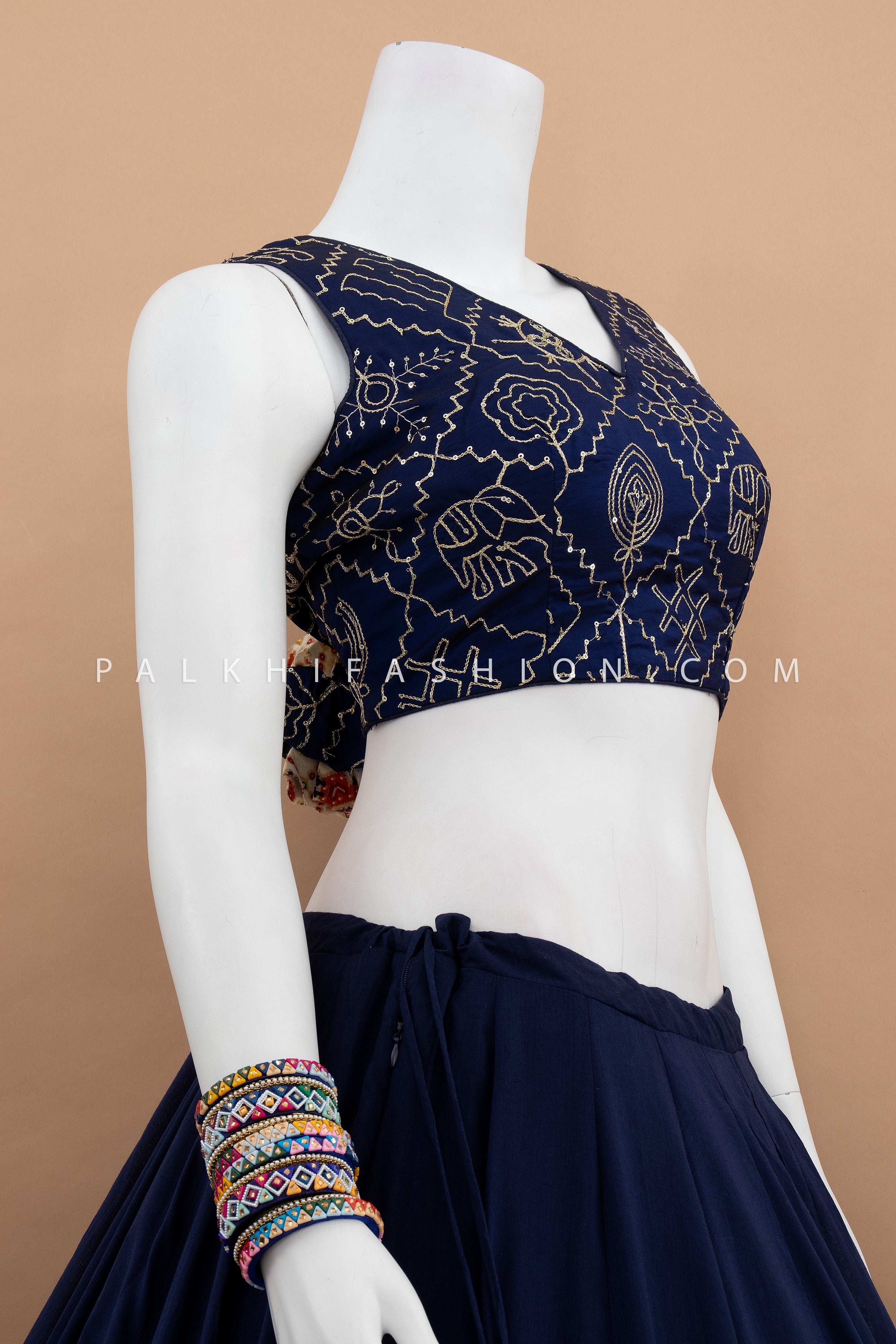 🌌 Royal Roots: Navy Blue Chaniya Choli with Patola Jacket