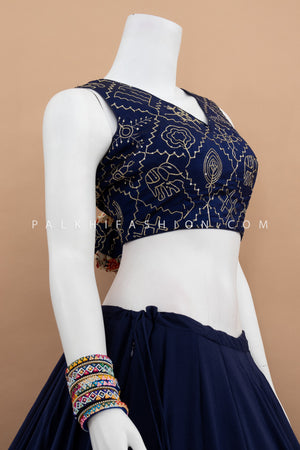 🌌 Royal Roots: Navy Blue Chaniya Choli with Patola Jacket