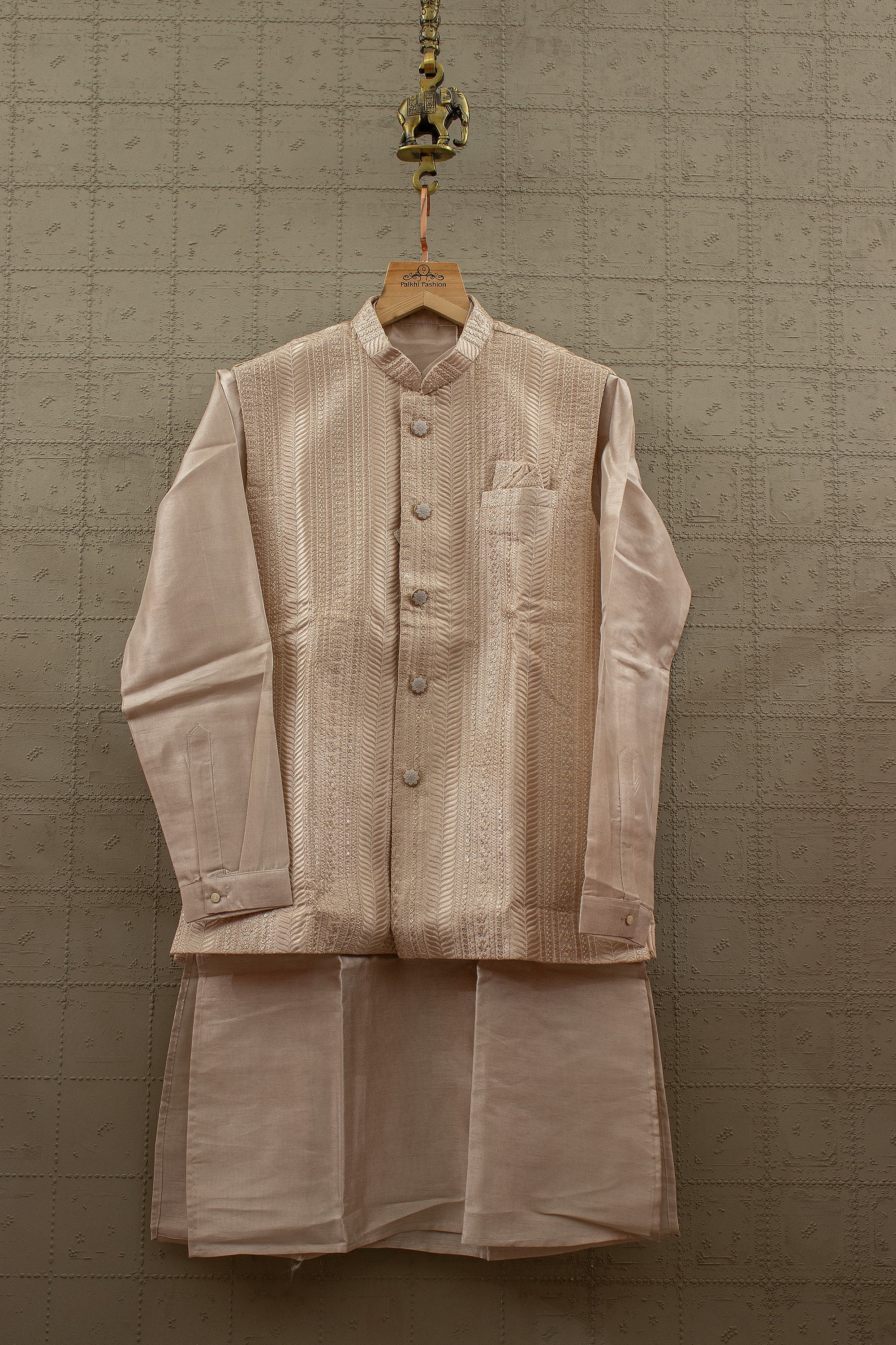 Royal Sand Elegance - Champagne Kurta Set with Embroidered Nehru Jacket – Palkhi Fashion