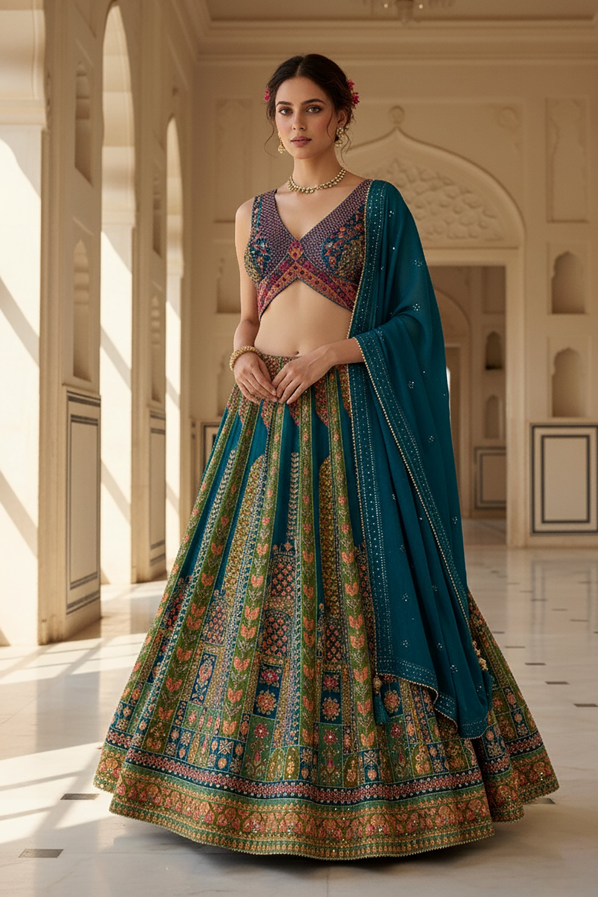 💎 Royal Teal Tapestry: Multicolor Designer Lehenga Choli with Handwork Blouse – Palkhi Fashion