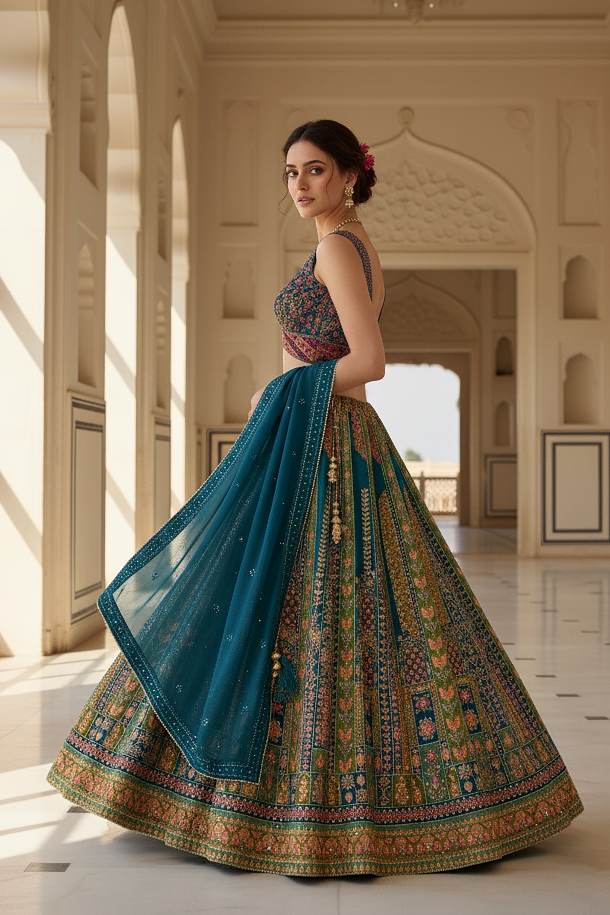 💎 Royal Teal Tapestry: Multicolor Designer Lehenga Choli with Handwork Blouse – Palkhi Fashion