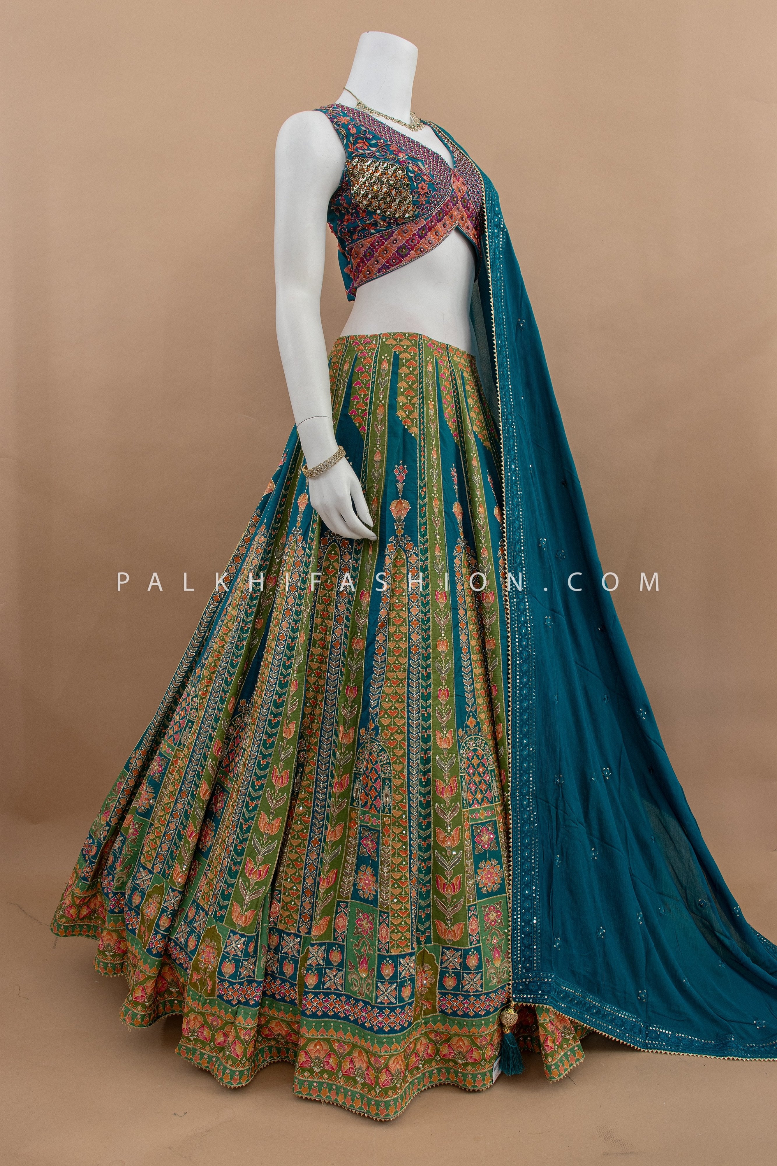 💎 Royal Teal Tapestry: Multicolor Designer Lehenga Choli with Handwork Blouse – Palkhi Fashion