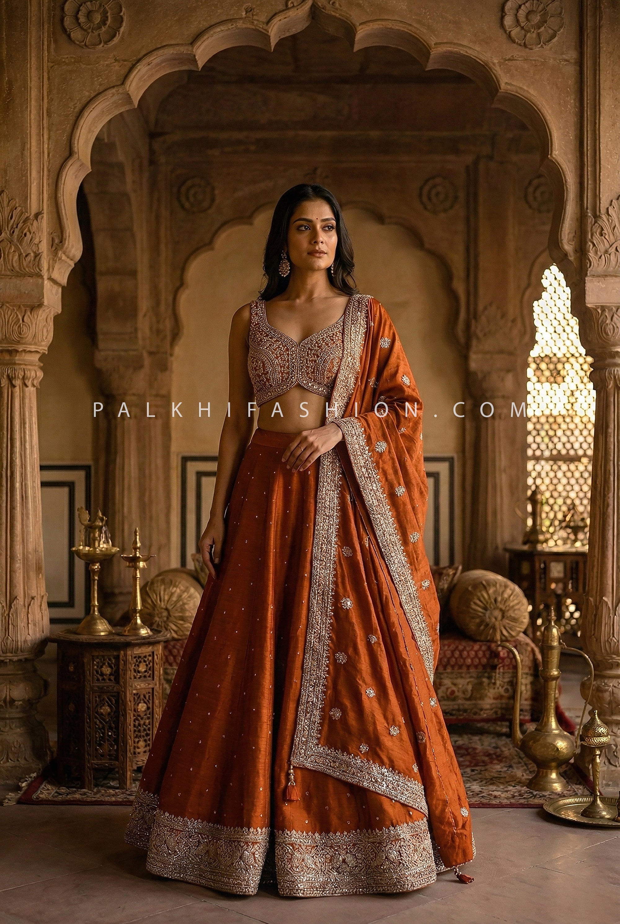 Rust Orange Lehenga Choli Set with Elegant Embroidery | Palkhi Fashion Houston