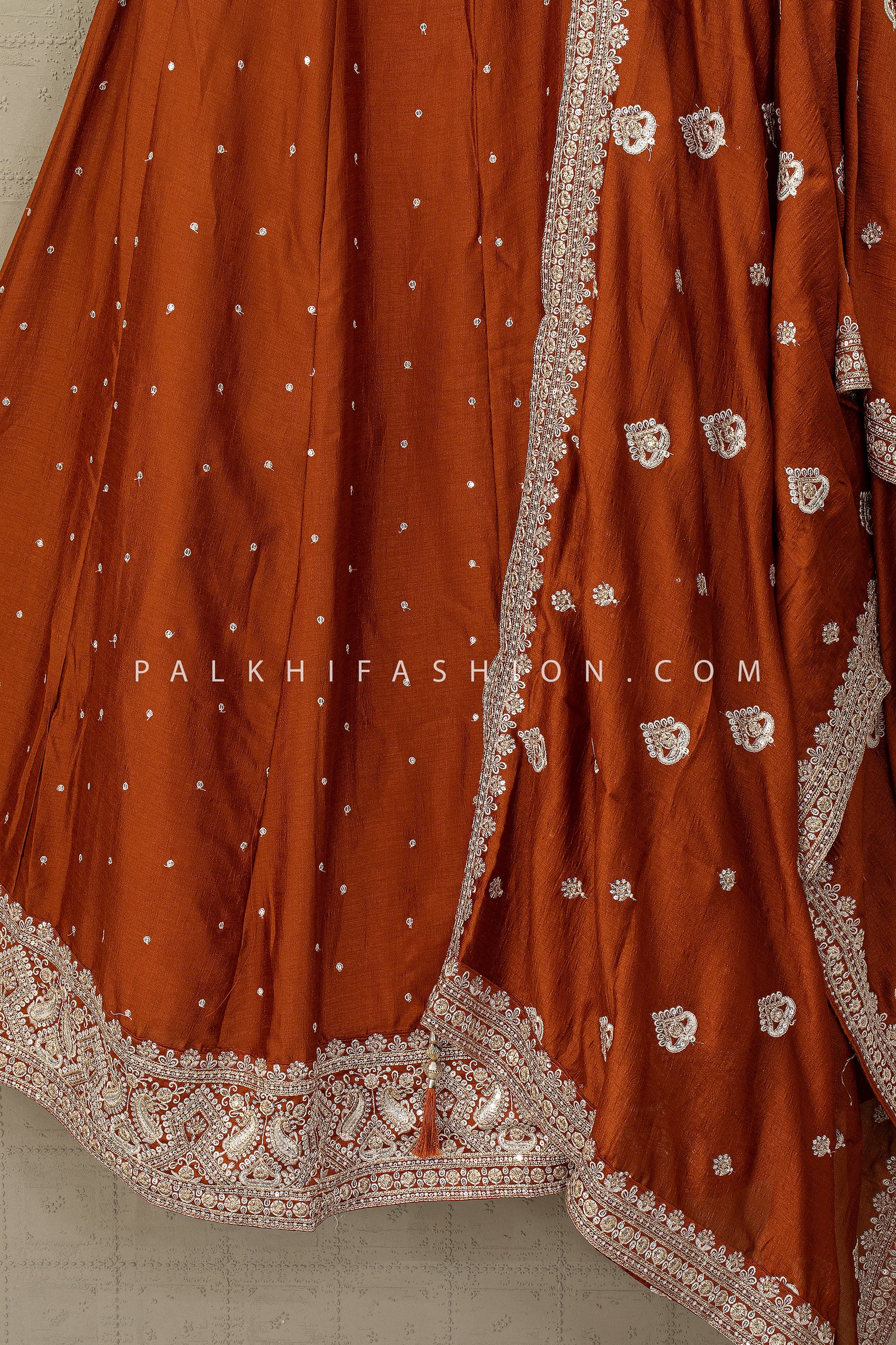 Rust Orange Lehenga Choli Set with Elegant Embroidery | Palkhi Fashion Houston