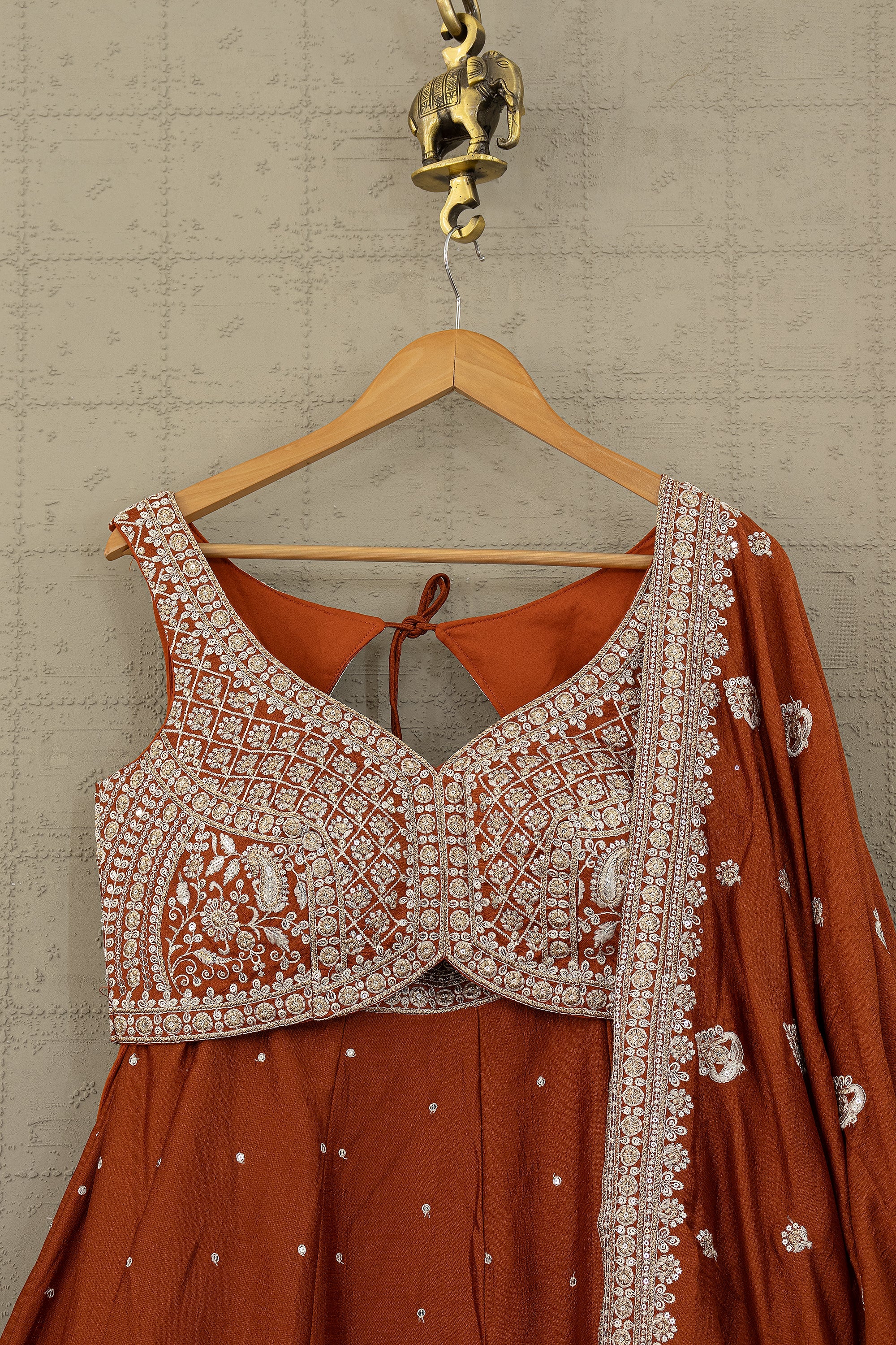 Rust Orange Lehenga Choli Set with Elegant Embroidery | Palkhi Fashion Houston