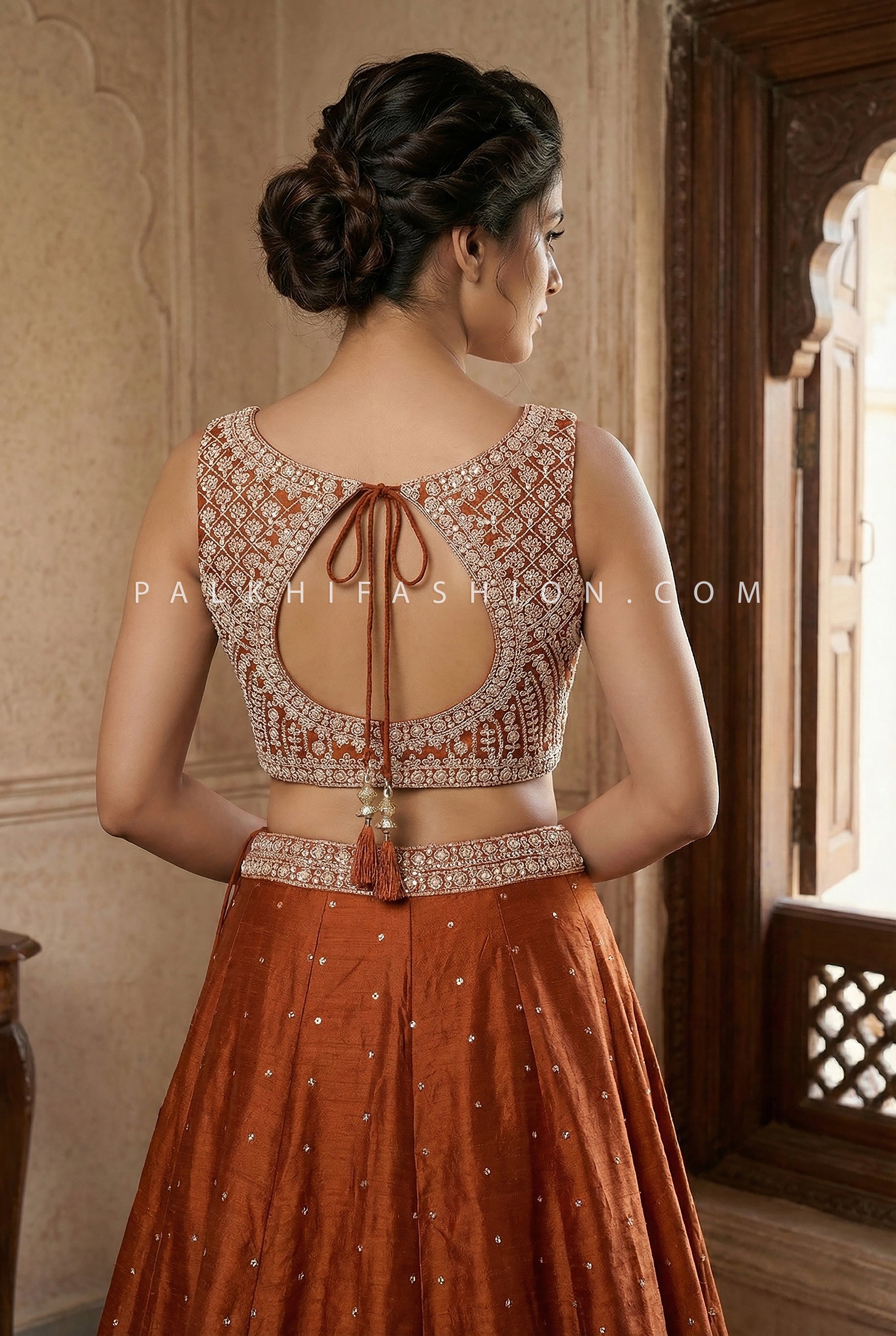 Rust Orange Lehenga Choli Set with Elegant Embroidery | Palkhi Fashion Houston