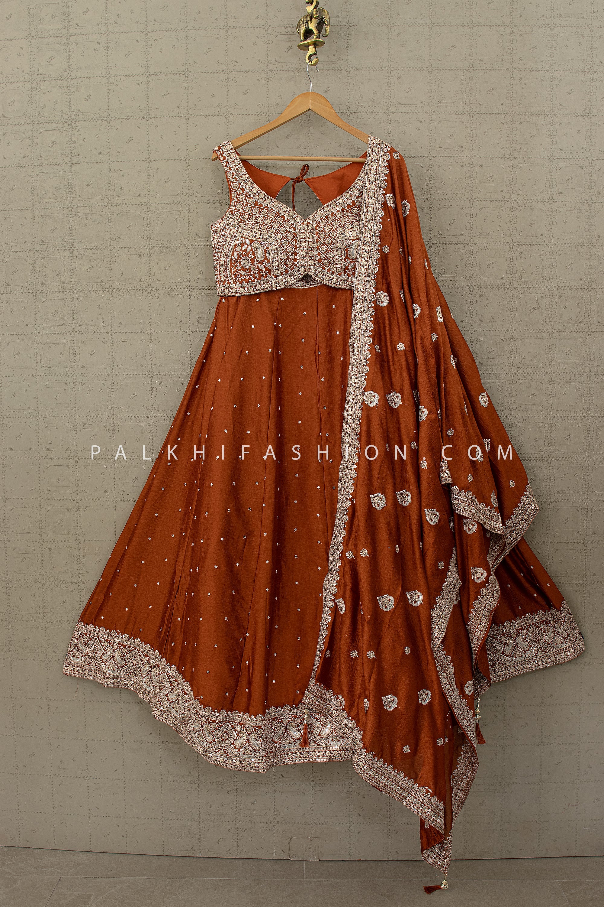 Rust Orange Lehenga Choli Set with Elegant Embroidery | Palkhi Fashion Houston