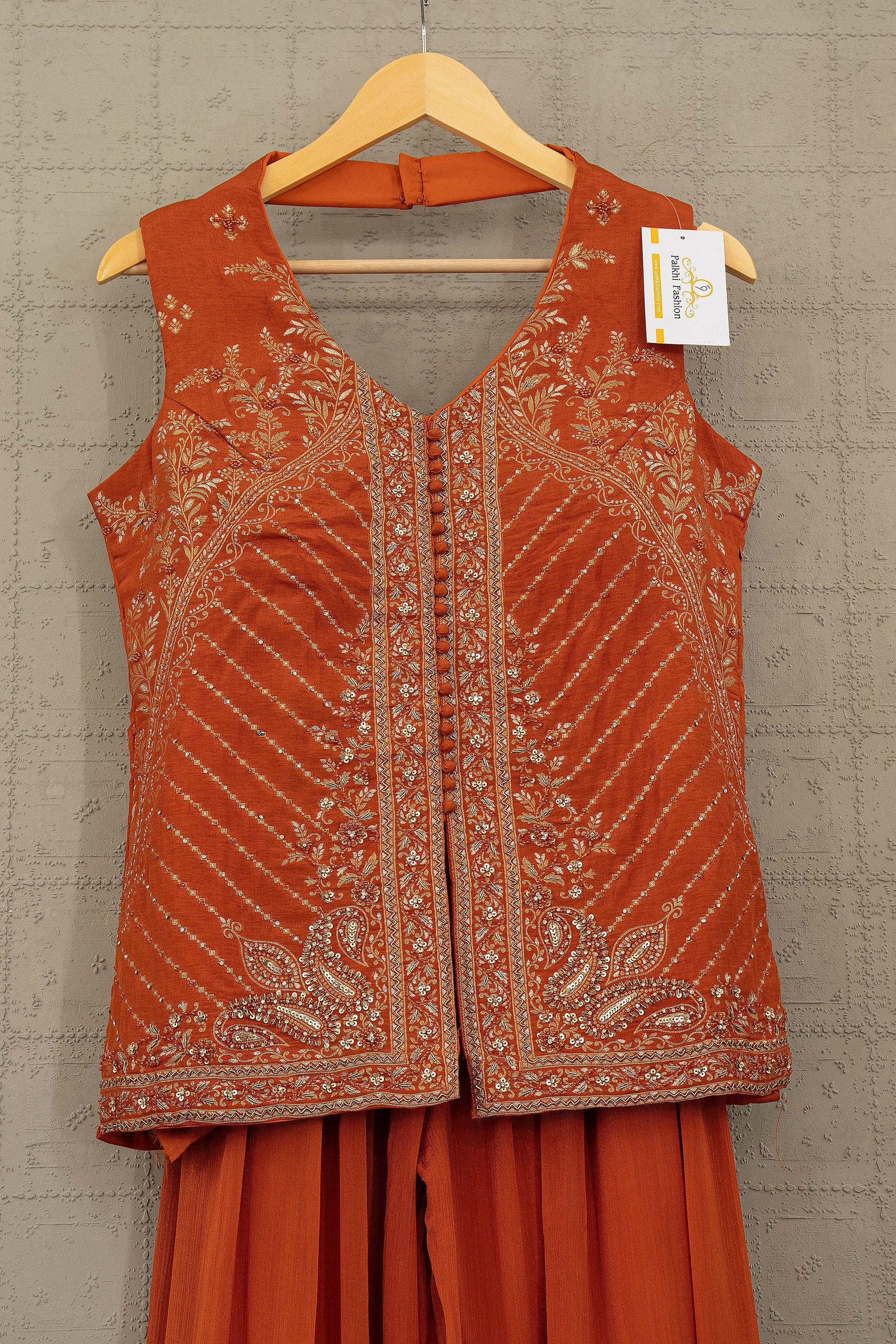 Rust Palazzo Outfit with Elegant Weaving & Handwork – Palkhi Fashion Houston