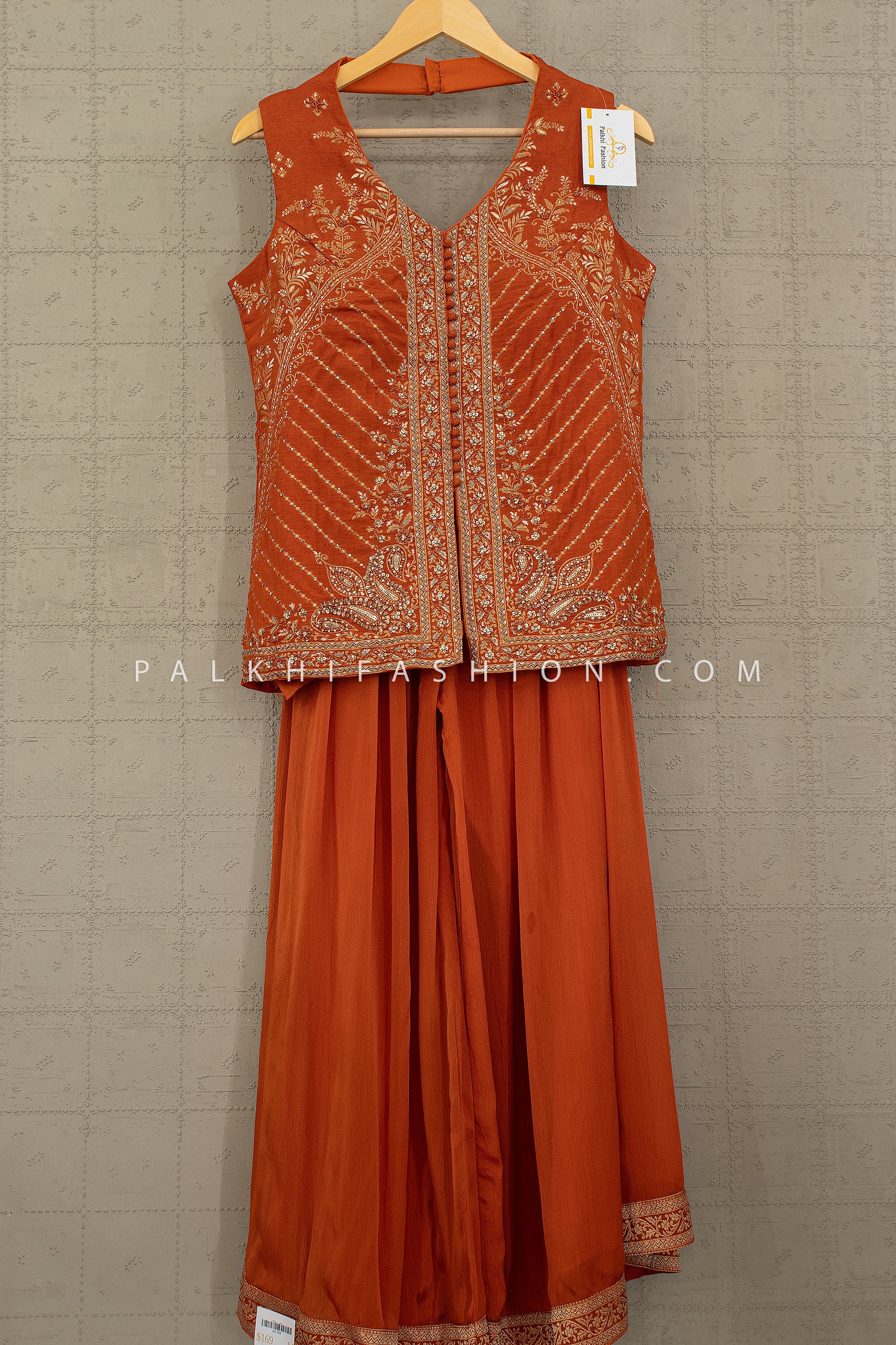 Rust Palazzo Outfit with Elegant Weaving & Handwork – Palkhi Fashion Houston
