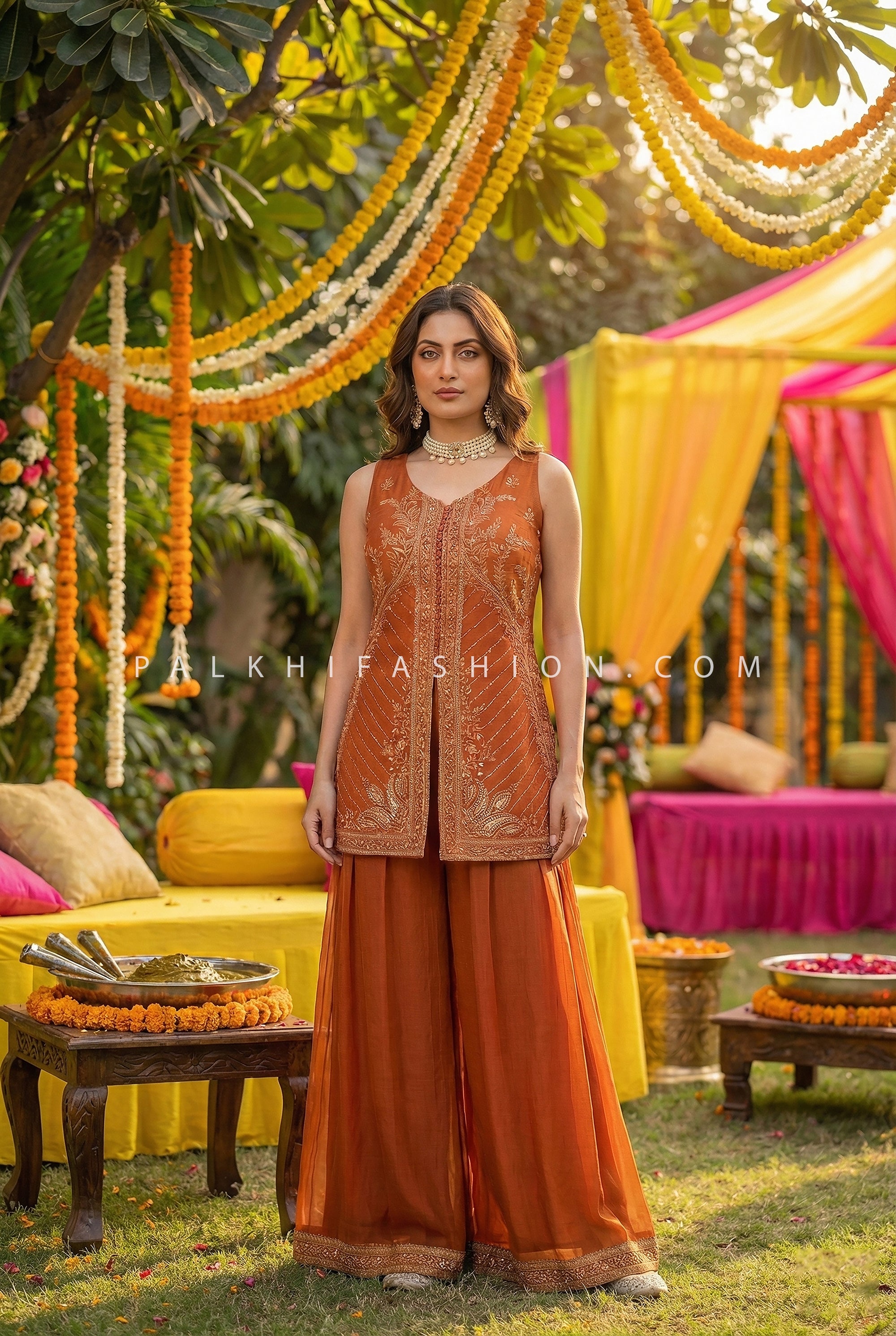 Rust Palazzo Outfit with Elegant Weaving & Handwork – Palkhi Fashion Houston