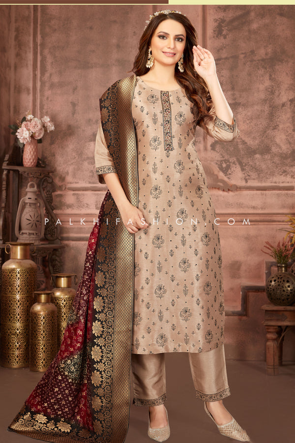 Beige Straight Cut Suit with Thread work & Multi color Silk Dupatta