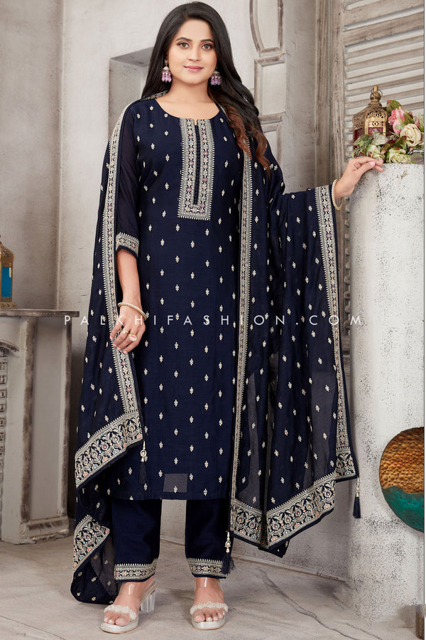 Elegant Navy Blue Straight Cut Suit with Intricate Handwork