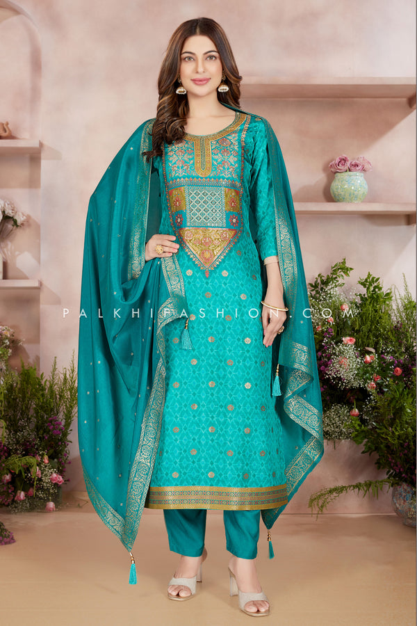 Teal Silk Straight Cut Suit with Exquisite Silk Embroidery