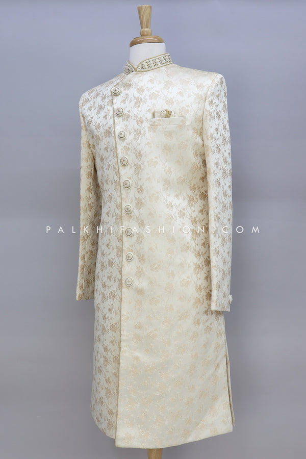 Ivory/Gold Indo-Western With Brocade Weaving Work