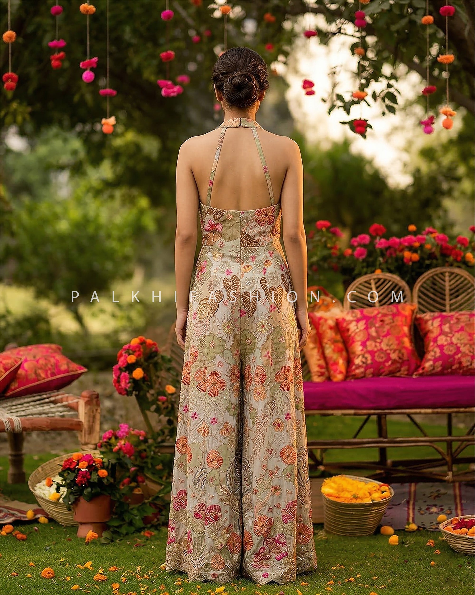 Sage Garden Elegance – Pastel Sage Floral Designer Embellished Jumpsuit – Palkhi Fashion