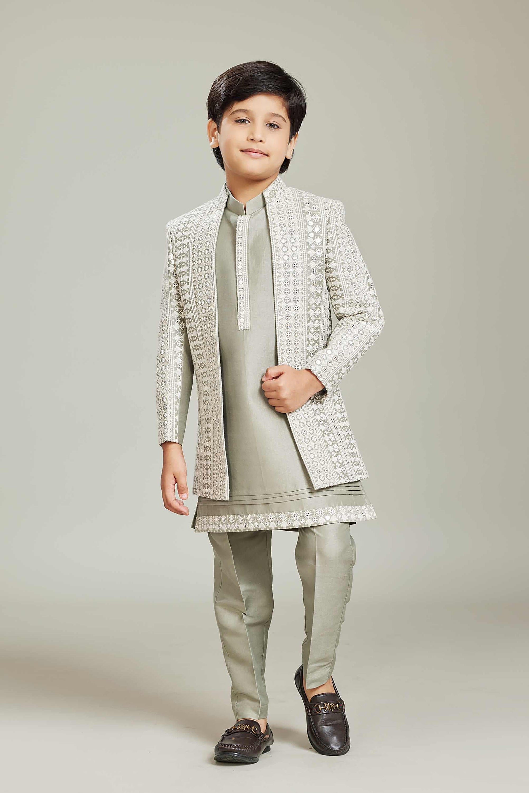 Sage Green Boys Indowestern with Embroidered Jacket – Palkhi Fashion